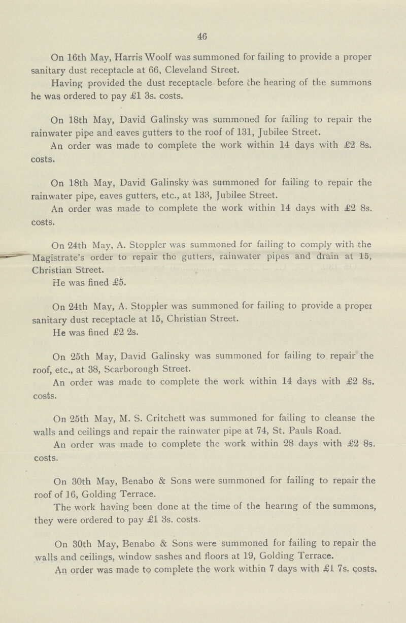46 On 16th May, Harris Woolf was summoned for failing to provide a proper sanitary dust receptacle at 66, Cleveland Street. Having provided the dust receptacle before the hearing of the summons he was ordered to pay i'l 3s. costs. On 18th May, David Galinsky was summoned for failing to repair the rainwater pipe and eaves gutters to the roof of 131, Jubilee Street. An order was made to complete the work within 14 days with £2 8s. costs. On 18th May, David Galinsky was summoned for failing to repair the rainwater pipe, eaves gutters, etc., at 133, Jubilee Street. An order was made to complete the work within 14 days with £2 8s. costs. On 24th May, A. Stoppler was summoned for failing to comply with the Magistrate's order to repair the gutters, rainwater pipes and drain at 15, Christian Street. He was fined £5. On 24th May, A. Stoppler was summoned for failing to provide a proper sanitary dust receptacle at 15, Christian Street. He was fined £2 2s. On 25th May, David Galinsky was summoned for failing to repair the roof, etc., at 38, Scarborough Street. An order was made to complete the work within 14 days with £2 8s. costs. On 25th May, M. S. Critchett was summoned for failing to cleanse the walls and ceilings and repair the rainwater pipe at 74, St. Pauls Road. An order was made to complete the work within 28 days with £2 8s. costs. On 30th May, Benabo & Sons were summoned for failing to repair the roof of 16, Golding Terrace. The work having been done at the time of the hearing of the summons, they were ordered to pay £1 3s. costs. On 30th May, Benabo & Sons were summoned for failing to repair the walls and ceilings, window sashes and floors at 19, Golding Terrace. An order was made to complete the work within 7 days with £1 7s. qosts.