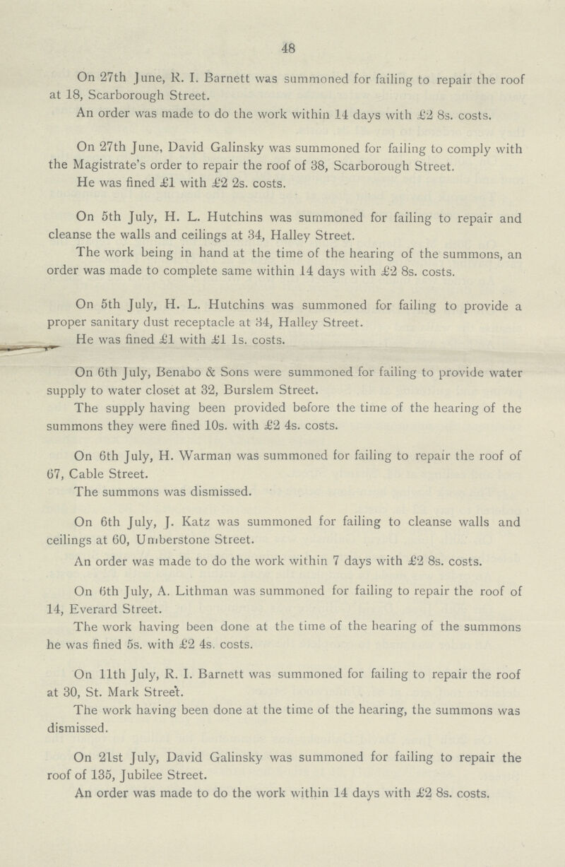 48 On 27th June, R. I. Barnett was summoned for failing to repair the roof at 18, Scarborough Street. An order was made to do the work within 14 days with £2 8s. costs. On 27th June, David Galinsky was summoned for failing to comply with the Magistrate's order to repair the roof of 38, Scarborough Street. He was fined £1 with £2 2s. costs. On 5th July, H. L. Hutchins was summoned for failing to repair and cleanse the walls and ceilings at 34, Halley Street. The work being in hand at the time of the hearing of the summons, an order was made to complete same within 14 days with £2 8s. costs. On 5th July, H. L. Hutchins was summoned for failing to provide a proper sanitary dust receptacle at 34, Halley Street. He was fined £1 with £1 Is. costs. On 6th July, Benabo & Sons were summoned for failing to provide water supply to water closet at 32, Burslem Street. The supply having been provided before the time of the hearing of the summons they were fined 10s. with £2 4s. costs. On 6th July, H. Warman was summoned for failing to repair the roof of 67, Cable Street. The summons was dismissed. On 6th July, }. Katz was summoned for failing to cleanse walls and ceilings at 60, Umberstone Street. An order was made to do the work within 7 days with £2 8s. costs. On 6th July, A. Lithman was summoned for failing to repair the roof of 14, Everard Street. The work having been done at the time of the hearing of the summons he was fined 5s. with £2 4s. costs. On 11th July, R. I. Barnett was summoned for failing to repair the roof at 30, St. Mark Stree't. The work having been done at the time of the hearing, the summons was dismissed. On 21st July, David Galinsky was summoned for failing to repair the roof of 135, Jubilee Street. An order was made to do the work within 14 days with £2 8s. costs.