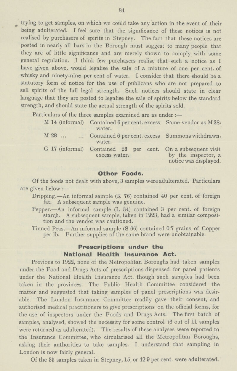 84 trying to get samples, on which we could take any action in the event of their being adulterated. I feel sure that the significance of these notices is not realised by purchasers of spirits in Stepney. The fact that these notices are posted in nearly all bars in the Borough must suggest to many people that they are of little significance and are merely shown to comply with some general regulation. I think few purchasers realise that such a notice as I have given above, would legalise the sale of a mixture of one per cent. of whisky and ninety-nine per cent of water. I consider that there should be a statutory form of notice for the use of publicans who are not prepared to sell spirits of the full legal strength. Such notices should state in clear language that they are posted to legalise the sale of spirits below the standard strength, and should state the actual strength of the spirits sold. Particulars of the three samples examined are as under :— M 14 (informal) Contained 6 per cent, excess Same vendor as M 28* water. M 28 Contained 6 per cent excess Summons withdrawn. water. G 17 (informal) Contained 23 per cent. On a subsequent visit excess water. by the inspector, a notice was displayed. Other Foods. Of the foods not dealt with above, 3 samples were adulterated. Particulars are given below:— Dripping.—An informal sample (K 76) contained 40 per cent. of foreign fat. A subsequent sample was genuine. Pepper.—An informal sample (L 84) contained 3 per cent. of foreign starch. A subsequent sample, taken in 1923, had a similar composi tion and the vendor was cautioned. Tinned Peas.—An informal sample (S 66) contained 0.7 grains of Copper per lb. Further supplies of the same brand were unobtainable, Prescriptions under the National Health Insurance Act. Previous to 1922, none of the Metropolitan Boroughs had taken samples under the Food and Drugs Acts of prescriptions dispensed for panel patients under the National Health Insurance Act, though such samples had been taken in the provinces. The Public Health Committee considered the matter and suggested that taking samples of panel prescriptions was desir able. The London Insurance Committee readily gave their consent, and authorised medical practitioners to give prescriptions on the official forms, for the use of inspectors under the Foods and Drugs Acts. The first batch of samples, analysed, showed the necessity for some control (6 out of 11 samples were returned as adulterated). The results of these analyses were reported to the Insurance Committee, who circularised all the Metropolitan Boroughs, asking their authorities to take samples. I understand that sampling in London is now fairly general. Of the 35 samples taken in Stepney, 15, or 42.9 per cent. were adulterated.