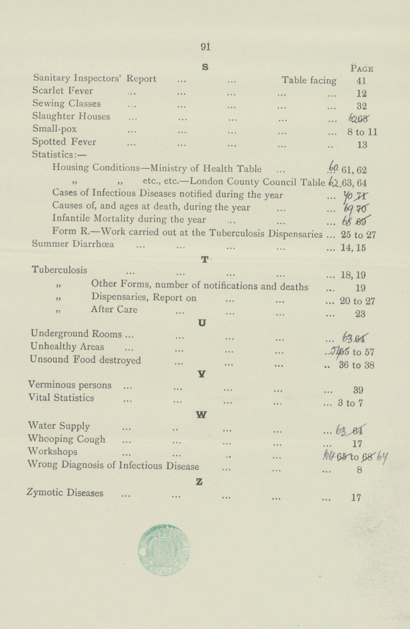 91 S Page Sanitary Inspectors' Report Table facing 41 Scarlet Fever 12 Sewing Classes 32 Slaughter Houses Small-pox 8 to 11 Spotted Fever 13 Statistics:— Housing Conditions—Ministry of Health Table . 61, 62 „ ,, etc., etc.—London County Council Table 62.63, 64 Cases of Infectious Diseases notified during the year 70 Causes of, and ages at death, during the year 69 Infantile Mortality during the year 68 Form R.—Work carried out at the Tuberculosis Dispensaries 25 to 27 Summer Diarrhoea 14,15 T Tuberculosis 18,19 „ Other Forms, number of notifications and deaths 19 „ Dispensaries, Report on 20 to 27 „ After Care 23 U Underground Rooms Unhealthy Areas 64to57 Unsound Food destroyed 36 to 38 Y Verminous persons 39 Vital Statistics 3 to 7 W Water Supply 63 Whooping Cough 17 Workshops 64to64 Wrong Diagnosis of Infectious Disease 8 Z Zymotic Diseases 17