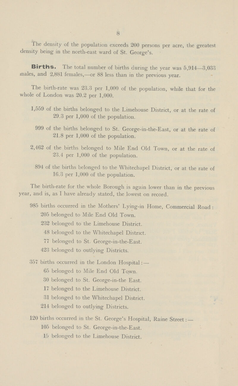 8 The density of the population exceeds 200 persons per acre, the greatest density being in the north-east ward of St. George's. Births. The total number of births during the year was 5,914—3,033 males, and 2,881 females,—or 88 less than in the previous year. The birth-rate was 23.3 per 1,000 of the population, while that for the whole of London was 20.2 per 1,000. 1,559 of the births belonged to the Limehouse District, or at the rate of 29.3 per 1,000 of the population. 999 of the births belonged to St. George-in-the-East, or at the rate of 21.8 per 1,000 of the population. 2,462 of the births belonged to Mile End Old Town, or at the rate of 23.4 per 1,000 of the population. 894 of the births belonged to the Whitechapel District, or at the rate of 16.3 per 1,000 of the population. The birth-rate for the whole Borough is again lower than in the previous year, and is, as I have already stated, the lowest on record. 985 births occurred in the Mothers' Lying-in Home, Commercial Road : 205 belonged to Mile End Old Town. 232 belonged to the Limehouse District. 48 belonged to the Whitechapel District. 77 belonged to St. George-in-the-East. 423 belonged to outlying Districts. 357 births occurred in the London Hospital:— 65 belonged to Mile End Old Town. 30 belonged to St. George-in-the East. 17 belonged to the Limehouse District. 31 belonged to the Whitechapel District. 214 belonged to outlying Districts. 120 births occurred in the St. George's Hospital, Raine Street:— 105 belonged to St. George-in-the-East. 15 belonged to the Limehouse District.