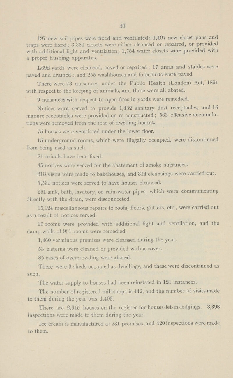 40 197 new soil pipes were fixed and ventilated; 1,197 new closet pans and traps were fixed; 3,380 closets were either cleansed or repaired, or provided with additional light and ventilation; 1,754 water closets were provided with a proper flushing apparatus. 1,692 yards were cleansed, paved or repaired; 17 areas and stables were paved and drained; and 255 washhouses and forecourts were paved. There were 73 nuisances under the Public Health (London) Act, 1891 with respect to the keeping of animals, and these were all abated. 9 nuisances with respect to open fires in yards were remedied. Notices were served to provide 1,432 sanitary dust receptacles, and 16 manure receptacles were provided or re-constructed ; 563 offensive accumula tions were removed from the rear of dwelling houses. 75 houses were ventilated under the lower floor. 15 underground rooms, which were illegally occupied, were discontinued from being used as such. 21 urinals have been fixed. 45 notices were served for the abatement of smoke nuisances. 318 visits were made to bakehouses, and 314 cleansings were carried out. 7,539 notices were served to have houses cleansed. 251 sink, bath, lavatory, or rain-water pipes, which were communicating directly with the drain, were disconnected. 15,124 miscellaneous repairs to roofs, floors, gutters, etc., were carried out as a result of notices served. 96 rooms were provided with additional light and ventilation, and the damp walls of 901 rooms were remedied. 1,460 verminous premises were cleansed during the year. 53 cisterns were cleaned or provided with a cover. 85 cases of overcrowding were abated. There were 3 sheds occupied as dwellings, and these were discontinued as such. The water supply to houses had been reinstated in 121 instances. The number of registered milkshops is 442, and the number of visits made to them during the year was 1,403. There are 2,645 houses on the register for houses-let-indodgings. 3,398 inspections were made to them during the year. Ice cream is manufactured at 231 premises, and 420 inspections were made to them.