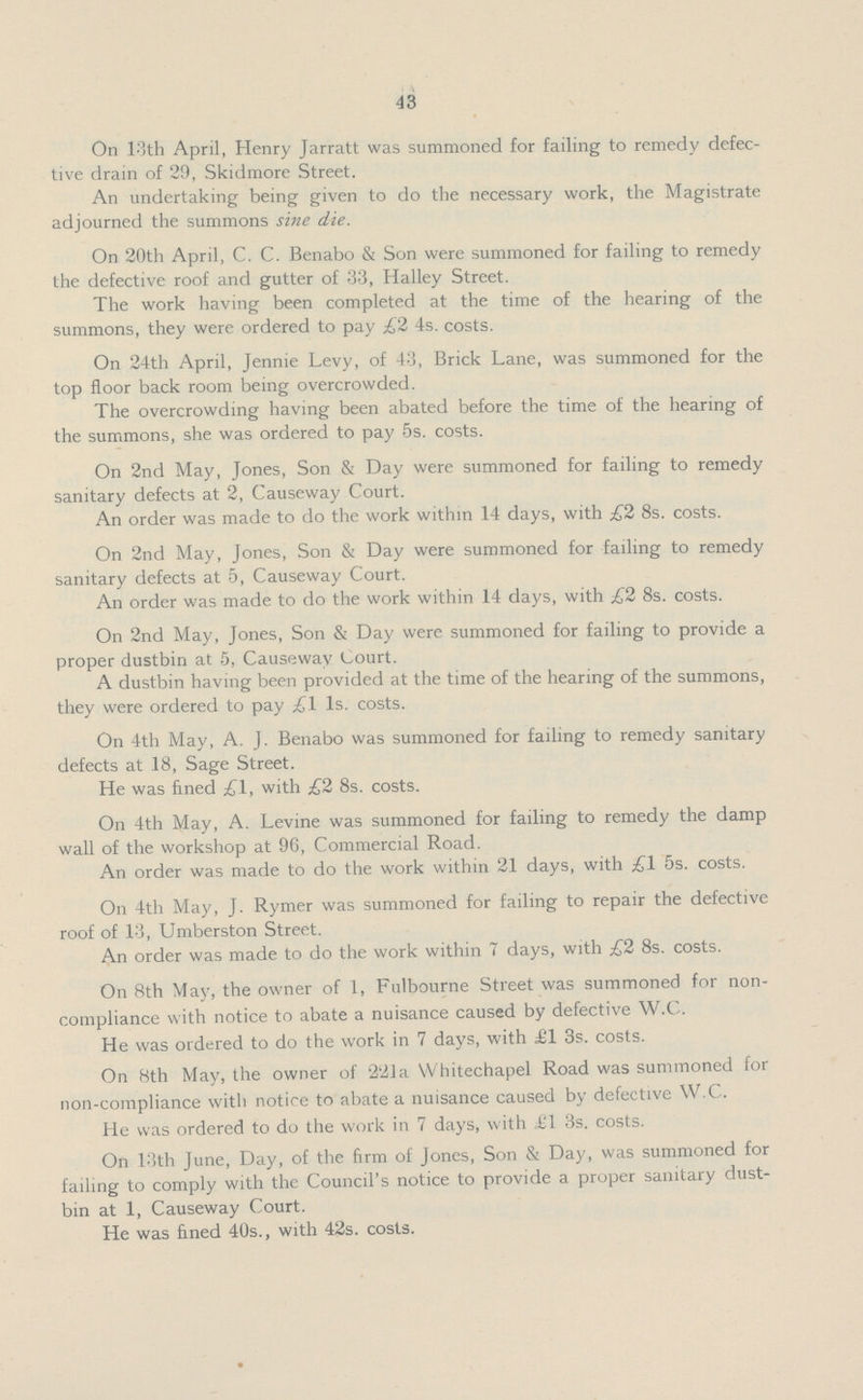 43 On 13th April, Henry Jarratt was summoned for failing to remedy defec tive drain of 29, Skidmore Street. An undertaking being given to do the necessary work, the Magistrate adjourned the summons sine die. On 20th April, C. C. Benabo & Son were summoned for failing to remedy the defective roof and gutter of 33, Halley Street. The work having been completed at the time of the hearing of the summons, they were ordered to pay £2 4s. costs. On 24th April, Jennie Levy, of 43, Brick Lane, was summoned for the top floor back room being overcrowded. The overcrowding having been abated before the time of the hearing of the summons, she was ordered to pay 5s. costs. On 2nd May, Jones, Son & Day were summoned for failing to remedy sanitary defects at 2, Causeway Court. An order was made to do the work within 14 days, with £2 8s. costs. On 2nd May, Jones, Son & Day were summoned for failing to remedy sanitary defects at 5, Causeway Court. An order was made to do the work within 14 days, with £2 8s. costs. On 2nd May, Jones, Son & Day were summoned for failing to provide a proper dustbin at 5, Causeway Court. A dustbin having been provided at the time of the hearing of the summons, they were ordered to pay £1 1s. costs. On 4th May, A. J. Benabo was summoned for failing to remedy sanitary defects at 18, Sage Street. He was fined £\, with £2 8s. costs. On 4th May, A. Levine was summoned for failing to remedy the damp wall of the workshop at 96, Commercial Road. An order was made to do the work within 21 days, with £1 5s. costs. On 4th May, J. Rymer was summoned for failing to repair the defective roof of 13, Umberston Street. An order was made to do the work within 7 days, with £2 8s. costs. On 8th May, the owner of 1, Fulbourne Street was summoned for non compliance with notice to abate a nuisance caused by defective W.C. He was ordered to do the work in 7 days, with £1 3s. costs. On 8th May, the owner of 221a Whitechapel Road was summoned for non-compliance with notice to abate a nuisance caused by defective W.C. He was ordered to do the work in 7 days, with £1 3s. costs. On 13th June, Day, of the firm of Jones, Son & Day, was summoned for failing to comply with the Council's notice to provide a proper sanitary dust bin at 1, Causeway Court. He was fined 40s., with 42s. costs.