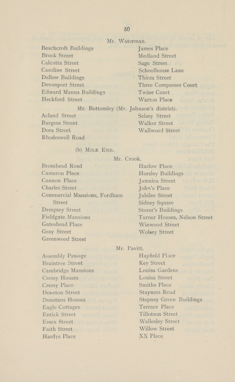 50 Mr. Waterman. Beachcroft Buildings James Place Brook Street Medland Street Calcutta Street Sage Street Caroline Street Schoolhouse Lane Dellow Buildings Thirza Street Devonport Street Three Compasses Court Edward Manns Buildings Twine Court Heckford Street Warton Place Mr. Bottomley (Mr. Johnson's district;. Acland Street Selsey Street Burgess Street Walker Street Dora Street Wallwood Street Rhodeswell Road (b) Mile End. Mr. Crook. Bromhead Road Harlow Place Cameron Place Horsley Buildings Cannon Place Jamaica Street Charles Street John's Place Commercial Mansions, Fordham Jubilee Street Street Sidney Square Dempsey Street Storer's Buildings Fieldgate Mansions Turner Houses, Nelson Street Gateshead Place Winwood Street Gray Street Wolsey Street Greenwood Street Mr. Pavitt. Assembly Passage Hayfield Place Braintree Street Key Street Cambridge Mansions Louisa Gardens Cressy Houses Louisa Street Cressy Place Smiths Place Doveton Street Stayners Road Dunstans Houses Stepney Green Buildings Eagle Cottages Terrace Place Entick Street Tillotson Street Essex Street Wellesley Street Faith Street Willow Street Hardys Place XX Place
