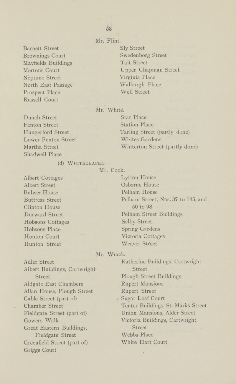53 Mr. Flint. Barnett Street Sly Street Brownings Court Swedenborg Street Mayfields Buildings Tait Street Mertons Court Upper Chapman Street Neptune Street Virginia Place North East Passage Walburgh Place Prospect Place Well Street Russell Court Mr. Whitd. Dunch Street Star Place Fenton Street Station Place Hungerford Street Tarling Street (partly done) Lower Fenton Street Whites Gardens Martha Street Winterton Street (partly done) Shadwell Place (d) Whitechapel. Mr. Cook. Albert Cottages Lytton House Albert Street Osborne House Bulwer House Pelham House Buttress Street Pelham Street, Nos. 37 to 145, and Clinton House 50 to 98 Durward Street Pelham Street Buildings Hobsons Cottages Selby Street Hobsons Place Spring Gardens Hunton Court Victoria Cottages Hunton Street Weaver Street Mr. Wrack. Adler Street Katherine Buildings, Cartwright Albert Buildings, Cartwright Street Street Plough Street Buildings Aldgate East Chambers Rupert Mansions Allan House, Plough Street Rupert Street Cable Street (part of) Sugar Loaf Court Chamber Street Tenter Buildings, St. Marks Street Fieldgate Street (part of) Union Mansions, Alder Street Gowers Walk Victoria Buildings, Cartwright Great Eastern Buildings, Street Fieldgate Street Webbs Place Greenfield Street (part of) White Hart Court Griggs Court
