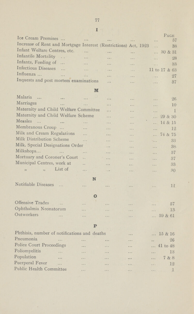 77 I Page Ice Cream Premises 57 Increase of Rent and Mortgage Interest (Restrictions) Act, 1923 38 Infant Welfare Centres, etc 30 & 31 Infantile Mortality 28 Infants, Feeding of 33 Infectious Diseases 11 to 17 & 63 Influenza 27 Inquests and post mortem examinations 37 M Malaria 26 Marriages 10 Maternity and Child Welfare Committee 1 Maternity and Child Welfare Scheme 29 & 30 Measles 14 & 15 Membranous Croup 12 Milk and Cream Regulations 74 & 75 Milk Distribution Scheme 33 Milk, Special Designations Order 38 Milkshops 57 Mortuary and Coroner's Court 37 Municipal Centres, work at 33 „ „ List of 30 N Notifiable Diseases 11 O Offensive Trades 57 Ophthalmia Neonatorum 13. Outworkers 59 & 61 P Phthisis, number of notifications and deaths 15 & 16 Pneumonia 26 Police Court Proceedings 41 to 48 Poliomyelitis 13 Population 7 & 8 Puerperal Fever 12 Public Health Committee 1