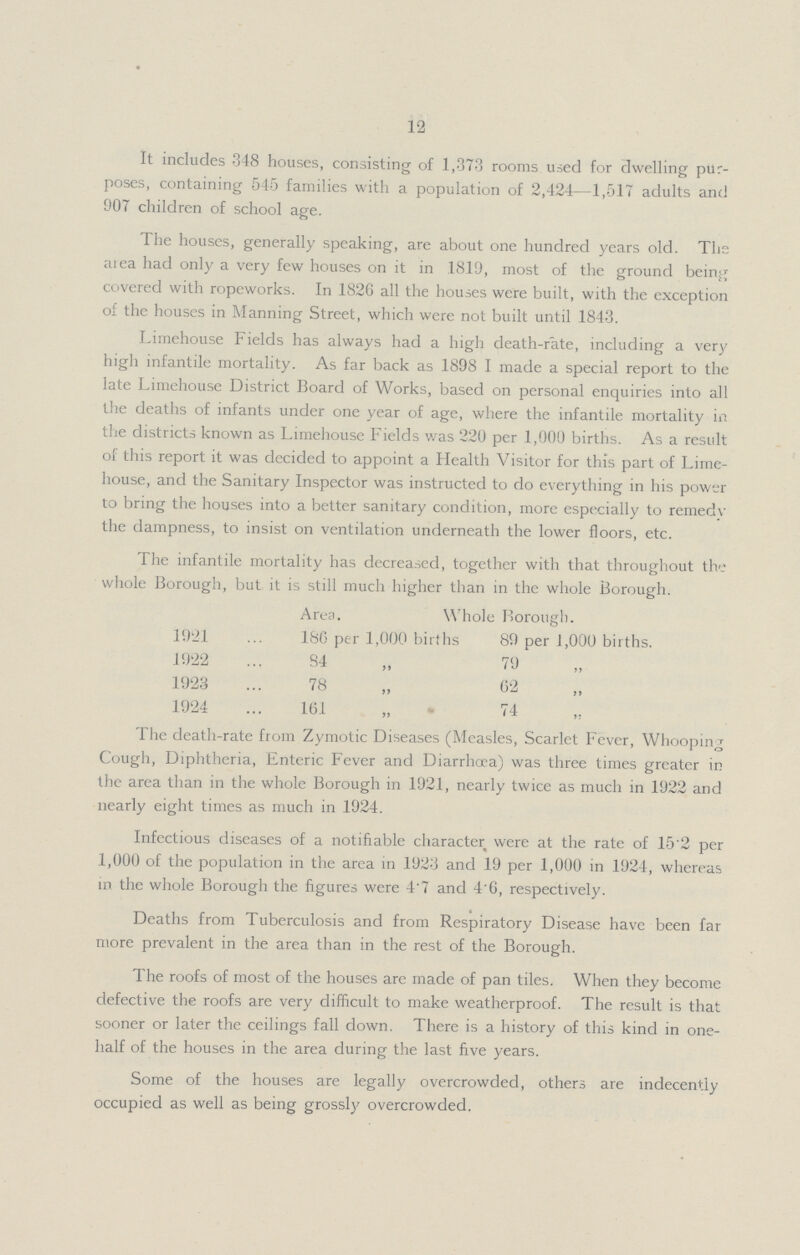 12 It includes 348 houses, consisting of 1,373 rooms used for dwelling pur poses, containing 545 families with a population of 2,424—1,517 adults and 907 children of school age. The houses, generally speaking, are about one hundred years old. The area had only a very few houses on it in .1819, most of the ground being covered with ropeworks. In 1826 all the houses were built, with the exception of the houses in Manning Street, which were not built until 1843. Limehouse Fields has always had a high death-rate, including a very high infantile mortality. As far back as 1898 I made a special report to the late Limehouse District Board of Works, based on personal enquiries into all the deaths of infants under one year of age, where the infantile mortality in the districts known as Limehouse Fields was 220 per 1,000 births. As a result of this report it was decided to appoint a Flealth Visitor for this part of Lime house, and the Sanitary Inspector was instructed to do everything in his power to bring the houses into a better sanitary condition, more especially to remedv the dampness, to insist on ventilation underneath the lower floors, etc. The infantile mortality has decreased, together with that throughout the whole Borough, but it is still much higher than in the whole Borough. Area. Whole Borough. 1921 186 per 1,000 births 89 per 1,000 births. 1922 84 „ 79 „ 1923 78 „ 62 „ 1924 161„ 74 „ The death-rate from Zymotic Diseases (Measles, Scarlet Fever, Whooping Cough, Diphtheria, Enteric Fever and Diarrhœa) was three times greater in the area than in the whole Borough in 1921, nearly twice as much in 1922 and nearly eight times as much in 1924. Infectious diseases of a notifiable character were at the rate of 15.2 per .1,000 of the population in the area in 1923 and 19 per 1,000 in 1924, whereas in the whole Borough the figures were 4'7 and 4'6, respectively. Deaths from Tuberculosis and from Respiratory Disease have been far more prevalent in the area than in the rest of the Borough. The roofs of most of the houses are made of pan tiles. When they become defective the roofs are very difficult to make weatherproof. The result is that sooner or later the ceilings fall down. There is a history of this kind in one half of the houses in the area during the last five years. Some of the houses are legally overcrowded, others are indecently occupied as well as being grossly overcrowded.