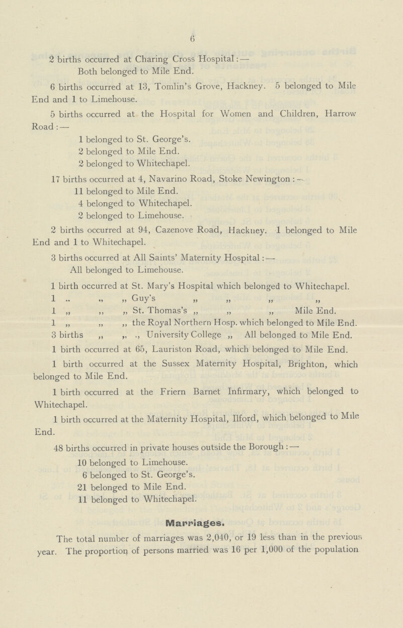 6 2 births occurred at Charing Cross Hospital:— Both belonged to Mile End. 6 births occurred at 13, Tomlin's Grove, Hackney. 5 belonged to Mile End and 1 to Limehouse. 5 births occurred at the Hospital for Women and Children, Harrow Road:— 1 belonged to St. George's. 2 belonged to Mile End. 2 belonged to Whitechapel. .17 births occurred at 4, Navarino Road, Stoke Newington : 11 belonged to Mile End. 4 belonged to Whitechapel. 2 belonged to Limehouse. 2 births occurred at 94, Cazenove Road, Hackney. 1 belonged to Mile End and 1 to Whitechapel. 3 births occurred at All Saints' Maternity Hospital:— All belonged to Limehouse. 1 birth occurred at St. Mary's Hospital which belonged to Whitechapel. 1 ,, ,, ,, Guy s ,, ,, ,, 1 „ ,, „ St. Thomas's „ „ „ Mile End. 1 „ „ ,, the Royal Northern Hosp. which belonged to Mile End. 3 births ,, „ ,, University College „ All belonged to Mile End. 1 birth occurred at 65, Lauriston Road, which belonged to Mile End. 1 birth occurred at the Sussex Maternity Hospital, Brighton, which belonged to Mile End. 1 birth occurred at the Friern Barnet Infirmary, which belonged to Whitechapel. 1 birth occurred at the Maternity Hospital, Ilford, which belonged to Mile End. 48 births occurred in private houses outside the Borough:— 10 belonged to Limehouse. 6 belonged to St. George's. 21 belonged to Mile End. 11 belonged to Whitechapel. Marriages. The total number of marriages was 2,040, or 19 less than in the previous year. The proportion of persons married was 16 per 1,000 of the population