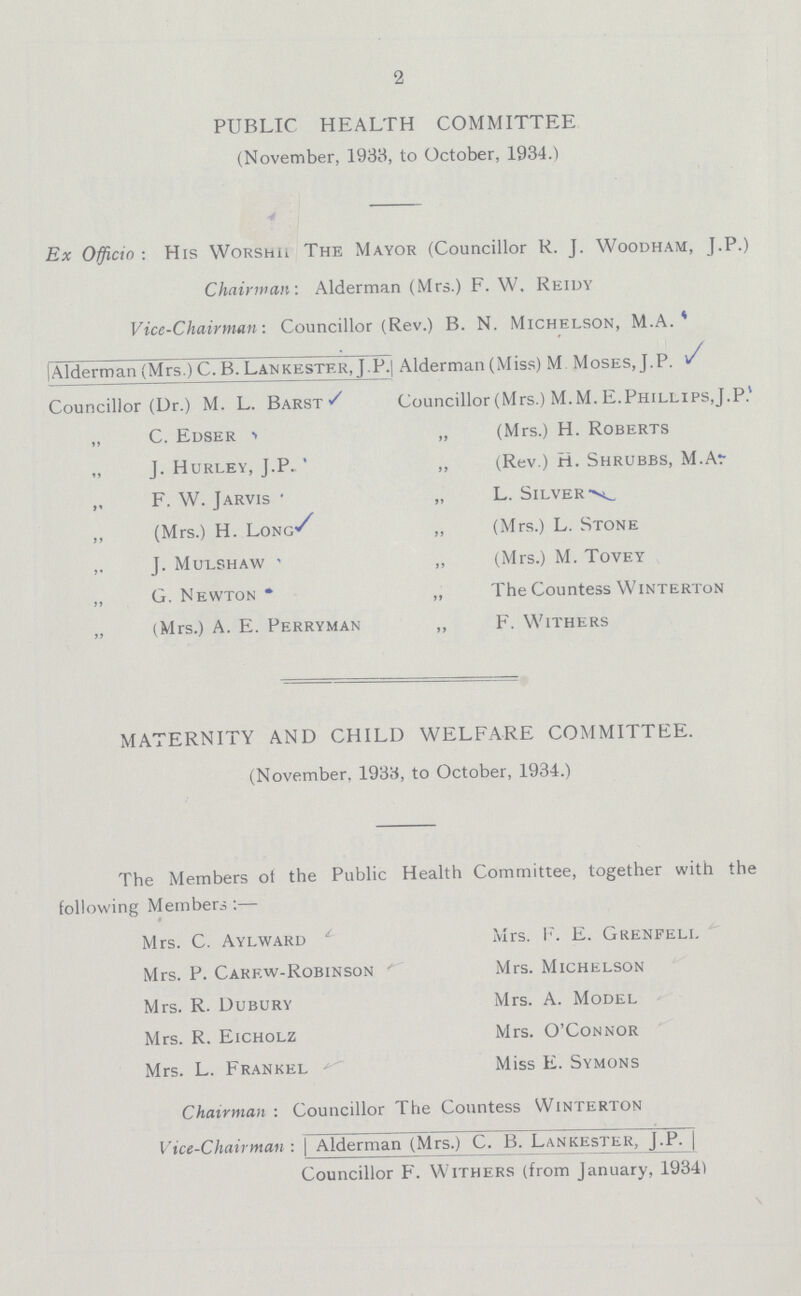 2 PUBLIC HEALTH COMMITTEE (November, 1933, to October, 1934.) Ex Officio: His Worshit The Mayor (Councillor R. J. Woodham, J.P.) Chairman: Alderman (Mrs.) F. W, Reidy Vice-Chairman: Councillor (Rev.) B. N. Michelson, M.A. Alderman (Mrs.) C. B. Lankester, J.P. Alderman (Miss) M Moses, J.P. Councillor (Dr.) M. L. Barst Councillor (Mrs.) M.M. E.Phillips, J.P. „ C. Edser „ (Mrs.) H. Roberts „ J. Hurley, J.P. „ (Rev.) H. Shrubbs, M.A. ,, F. W. Jarvis „ L. Silver „ (Mrs.) H. Long „ (Mrs.) L. Stone „ J. Mulshaw ,, (Mrs.) M. Tovey „ G. Newton ,, The Countess Winterton „ (Mrs.) A. E. Perryman „ F. Withers MATERNITY AND CHILD WELFARE COMMITTEE. (November, 1933, to October, 1934.) The Members of the Public Health Committee, together with the following Members:— Mrs. C. Aylward Mrs. F. E. Grenfeli. Mrs. P. Carew-Robinson Mrs. Michelson Mrs. R. Dubury Mrs. A. Model Mrs. R. Eicholz Mrs. O'Connor Mrs. L. Frankel Miss E. Symons Chairman : Councillor The Countess Winterton Vice-Chairman: Alderman (Mrs.) C. B. Lankester, J.P. Councillor F. Withers (from January, 1934)