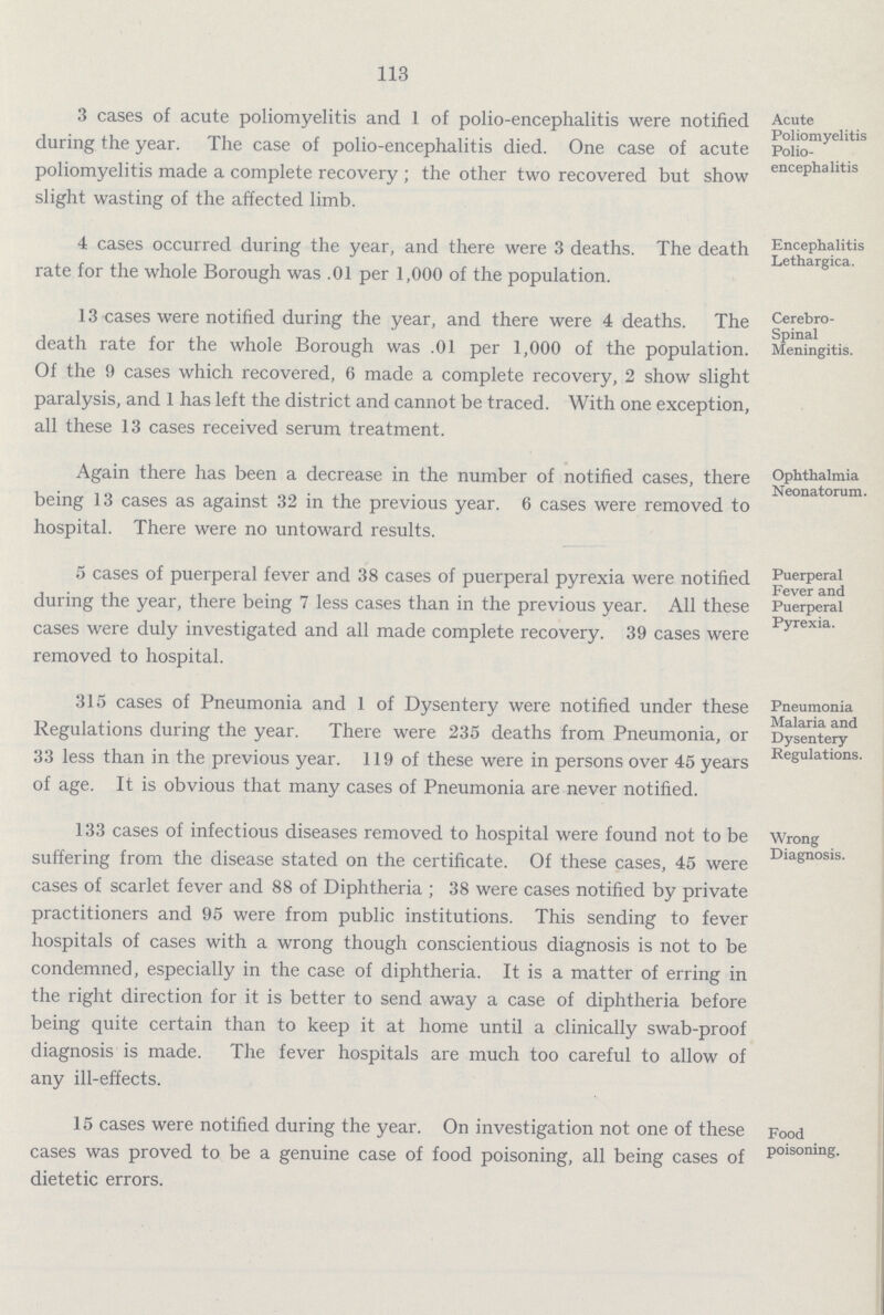 113 3 cases of acute poliomyelitis and 1 of polio-encephalitis were notified during the year. The case of polio-encephalitis died. One case of acute poliomyelitis made a complete recovery; the other two recovered but show slight wasting' of the affected limb Acute Poliomyelitis Polio encephalitis 4 cases occurred during the year, and there were 3 deaths. The death rate for the whole Borough was .01 per 1,000 of the population. Encephalitis Lethargica. 13 cases were notified during the year, and there were 4 deaths. The death rate for the whole Borough was .01 per 1,000 of the population. Of the 9 cases which recovered, 6 made a complete recovery, 2 show slight paralysis, and 1 has left the district and cannot be traced. With one exception, all these 13 cases received serum treatment. Cerebro spinal Meningitis. Again there has been a decrease in the number of notified cases, there being 13 cases as against 32 in the previous year. 6 cases were removed to hospital. There were no untoward results. Ophthalmia Neonatorum. 5 cases of puerperal fever and 38 cases of puerperal pyrexia were notified during the year, there being 7 less cases than in the previous year. All these cases were duly investigated and all made complete recovery. 39 cases were removed to hospital. Puerperal Fever and Puerperal Pyrexia. 315 cases of Pneumonia and 1 of Dysentery were notified under these Regulations during the year. There were 235 deaths from Pneumonia, or 33 less than in the previous year. 119 of these were in persons over 45 years of age. It is obvious that many cases of Pneumonia are never notified. Pneumonia Malaria and Dysentery Regulations. 133 cases of infectious diseases removed to hospital were found not to be suffering from the disease stated on the certificate. Of these cases, 45 were cases of scarlet fever and 88 of Diphtheria; 38 were cases notified by private practitioners and 95 were from public institutions. This sending to fever hospitals of cases with a wrong though conscientious diagnosis is not to be condemned, especially in the case of diphtheria. It is a matter of erring in the right direction for it is better to send away a case of diphtheria before being quite certain than to keep it at home until a clinically swab-proof diagnosis is made. The fever hospitals are much too careful to allow of anv ill-effects. Wrong Diagnosis. 15 cases were notified during the year. On investigation not one of these cases was proved to be a genuine case of food poisoning, all being cases of dietetic errors. Food poisoning.