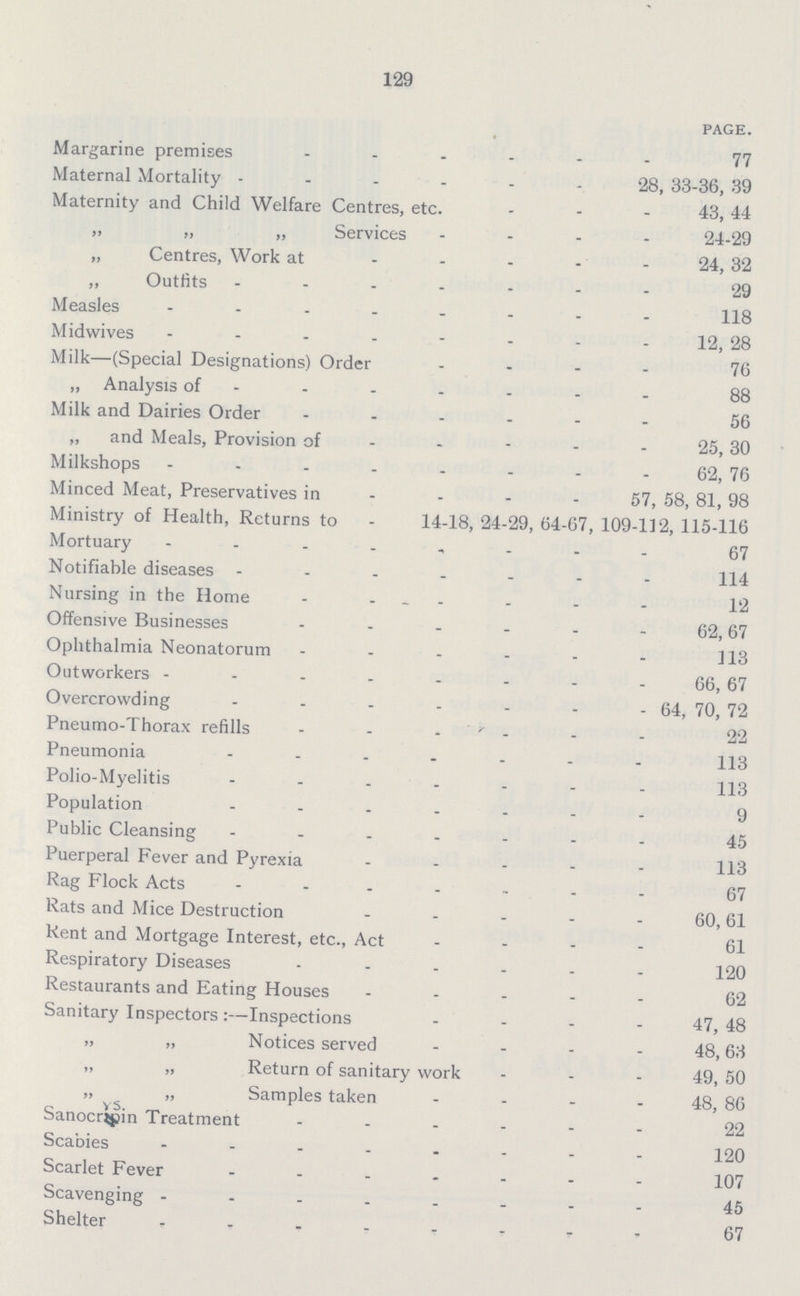 129 PAGE. Margarine premises 77 Maternal Mortality 28, 33-36, 39 Maternity and Child Welfare Centres, etc. 43, 44 „ „ „ Services 24-29 „ Centres, Work at 24, 32 „ Outfits 29 Measles 118 Midwives 12, 28 Milk—(Special Designations) Order 76 „ Analysis of 88 Milk and Dairies Order 56 „ and Meals, Provision of 25, 30 Milkshops 62, 76 Minced Meat, Preservatives in 57, 58, 81, 98 Ministry of Health, Returns to 14-18, 24-29, 64-67, 109-112, 115-116 Mortuary 67 Notifiable diseases 114 Nursing in the Home 12 Offensive Businesses 62,67 Ophthalmia Neonatorum 113 Outworkers 66, 67 Overcrowding 64, 70, 72 Pneumo-Thorax refills 22 Pneumonia 113 Polio-Myelitis 113 Population 9 Public Cleansing 45 Puerperal Fever and Pyrexia 113 Rag Flock Acts 67 Rats and Mice Destruction 60,61 Rent and Mortgage Interest, etc., Act 61 Respiratory Diseases 120 Restaurants and Eating Houses 62 Sanitary Inspectors:—Inspections 47, 48 „ „ Notices served 48,63 „ „ Return of sanitary work 49, 50 ,, „ Samples taken 48, 86 Sanocr^pin Treatment 22 Scabies 120 Scarlet Fever 107 Scavenging 45 Shelter 67