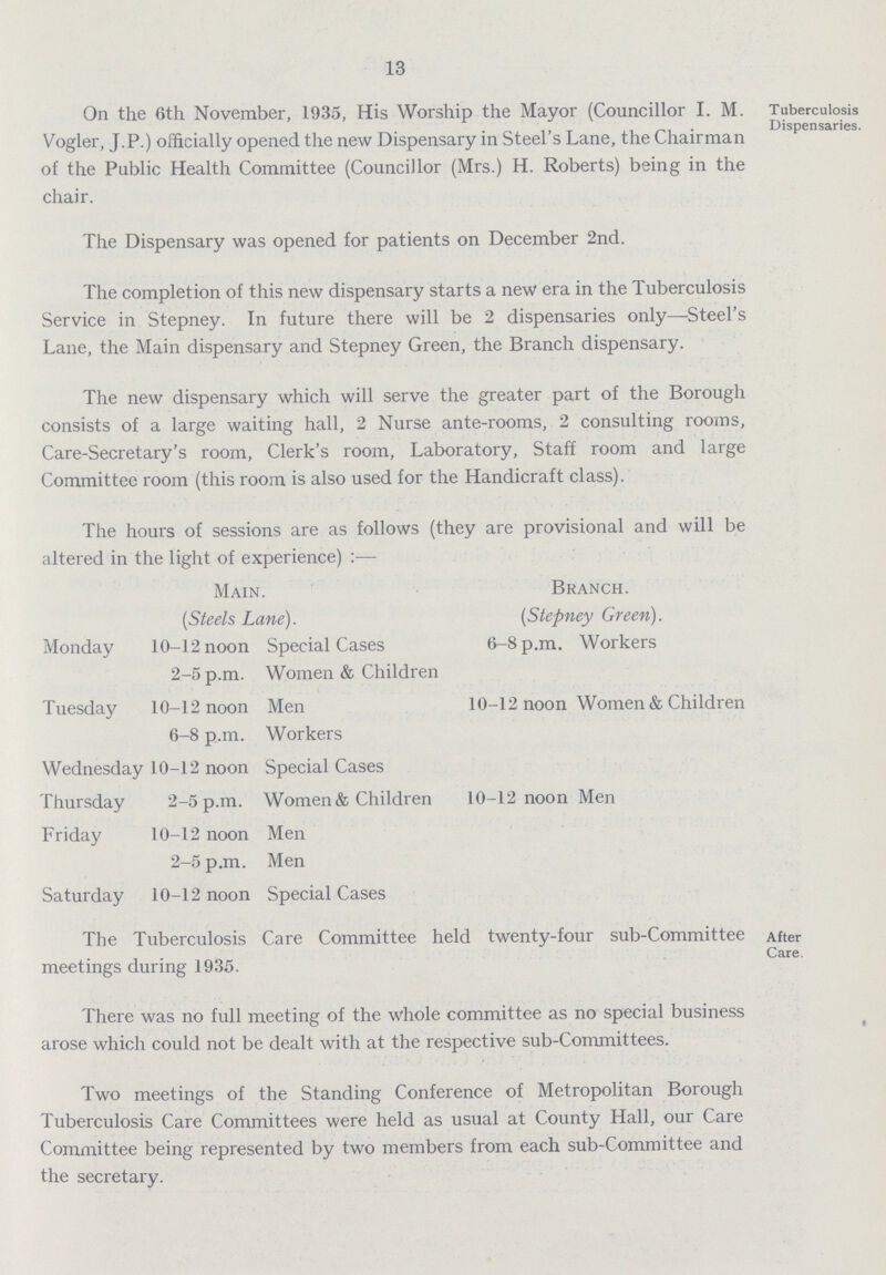 13 On the 6th November, 1935, His Worship the Mayor (Councillor I. M. Vogler, J.P.) officially opened the new Dispensary in Steel's Lane, the Chairman of the Public Health Committee (Councillor (Mrs.) H. Roberts) being in the chair. Tuberculosis Dispensaries. The Dispensary was opened for patients on December 2nd. The completion of this new dispensary starts a new era in the Tuberculosis Service in Stepney. In future there will be 2 dispensaries only—Steel's Lane, the Main dispensary and Stepney Green, the Branch dispensary. The new dispensary which will serve the greater part of the Borough consists of a large waiting hall, 2 Nurse ante-rooms, 2 consulting rooms, Care-Secretary's room, Clerk's room, Laboratory, Staff room and large Committee room (this room is also used for the Handicraft class). The hours of sessions are as follows (they are provisional and will be altered in the light of experience):— Main. Branch. (Steels Lane). (Stepney Green). Monday 10-12 noon Special Cases 6-8 p.m. Workers 2-5 p.m. Women & Children Tuesday 10-12 noon Men 10-12 noon Women & Children 6-8 p.m. Workers Wednesday 10-12 noon Special Cases Thursday 2-5 p.m. Women & Children 10-12 noon Men Friday 10-12 noon Men 2-5 p.m. Men Saturday 10-12 noon Special Cases The Tuberculosis Care Committee held twenty-four sub-Committee meetings during 1935. After Care. There was no full meeting of the whole committee as no special business arose which could not be dealt with at the respective sub-Committees. Two meetings of the Standing Conference of Metropolitan Borough Tuberculosis Care Committees were held as usual at County Hall, our Care Committee being represented by two members from each sub-Committee and the secretary.