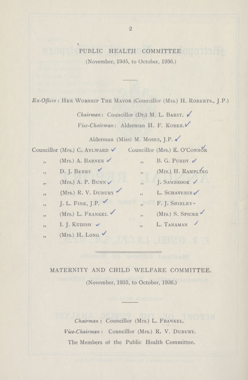 2 PUBLIC HEALTH COMMITTEE (November, 1935, to October, 1936.) Ex.Officio: Her Worship The Mayor (Councillor (Mrs.) H. Roberts., J.P.) Chairman: Councillor (Dr.) M. L. Barst. Vice.Chairman: Alderman H. F. Kober.' Alderman (Miss) M. Moses, J.P. Councillor (Mrs.) C. Aylward Councillor (Mrs.) K. O'Connor „ (Mrs.) A. Barnes ,, B. G. Purdy „ D. J. Berry „ (Mrs.) H. Rampling „ (Mrs.) A. P. Bunn „ J. Sambrook „ (Mrs.) R. V. Dubury „ L. Schaverin „ J. L. Fine, J.P. „ F. J. Shirley „ (Mrs.) L. Frankel „ (Mrs.) S. Spicer „ I. J. Kudish „ L. Tanaman „ (Mrs.) H. Long MATERNITY AND CHILD WELFARE COMMITTEE. (November, 1935, to October, 1936.) Chairman: Councillor (Mrs.) L. Frankel. Vice.Chairman: Councillor (Mrs.) R. V. Dubury. The Members of the Public Health Committee.