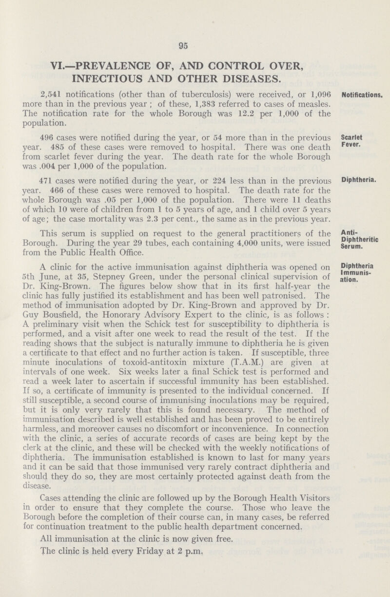 95 VI.—PREVALENCE OF, AND CONTROL OVER, INFECTIOUS AND OTHER DISEASES. 2,541 notifications (other than of tuberculosis) were received, or 1,096 more than in the previous year; of these, 1,383 referred to cases of measles. The notification rate for the whole Borough was 12.2 per 1,000 of the population. Notifications. 496 cases were notified daring the year, or 54 more than in the previous year. 485 of these cases were removed to hospital. There was one death from scarlet fever during the year. The death rate for the whole Borough was .004 per 1,000 of the population. Scarlet Fever. 471 cases were notified during the year, or 224 less than in the previous year. 466 of these cases were removed to hospital. The death rate for the whole Borough was .05 per 1,000 of the population. There were 11 deaths of which 10 were of children from 1 to 5 years of age, and 1 child over 5 years of age; the case mortality was 2.3 per cent., the same as in the previous year. Diphtheria. This serum is supplied on request to the general practitioners of the Borough. During the year 29 tubes, each containing 4,000 units, were issued from the Public Health Office. Anti- Diphtheritic Serum. A clinic for the active immunisation against diphtheria was opened on 5th June, at 35, Stepney Green, under the personal clinical supervision of Dr. King-Brown. The figures below show that in its first half-year the clinic has fully justified its establishment and has been well patronised. The method of immunisation adopted by Dr. King-Brown and approved by Dr. Guy Bousfield, the Honorary Advisory Expert to the clinic, is as follows: A preliminary visit when the Schick test for susceptibility to diphtheria is performed, and a visit after one week to read the result of the test. If the reading shows that the subject is naturally immune to diphtheria he is given a certificate to that effect and no further action is taken. If susceptible, three minute inoculations of toxoid-antitoxin mixture (T.A.M.) are given at intervals of one week. Six weeks later a final Schick test is performed and read a week later to ascertain if successful immunity has been established. If so, a certificate of immunity is presented to the individual concerned. If still susceptible, a second course of immunising inoculations may be required, but it is only very rarely that this is found necessary. The method of immunisation described is well established and has been proved to be entirely harmless, and moreover causes no discomfort or inconvenience. In connection with the clinic, a series of accurate records of cases are being kept by the clerk at the clinic, and these will be checked with the weekly notifications of diphtheria. The immunisation established is known to last for many years and it can be said that those immunised very rarely contract diphtheria and should they do so, they are most certainly protected against death from the disease. Cases attending the clinic are followed up by the Borough Health Visitors in order to ensure that they complete the course. Those who leave the Borough before the completion of their course can, in many cases, be referred for continuation treatment to the public health department concerned. All immunisation at the clinic is now given free. The clinic is held every Friday at 2 p.m. Diphtheria Immunis ation.