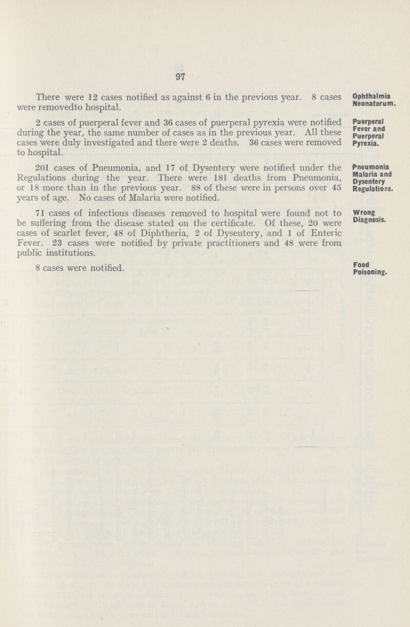 97 There were 12 cases notified as against 6 in the previous year. 8 cases were removed to hospital. Ophthalmia Neonatorum. 2 cases of puerperal fever and 36 cases of puerperal pyrexia were notified during the year, the same number of cases as in the previous year. All these cases were duly investigated and there were 2 deaths. 36 cases were removed to hospital. Puerperal Fever and Puerperal Pyrexia. 201 cases of Pneumonia, and 17 of Dysentery were notified under the Regulations during the year. There were 181 deaths from Pneumonia, or 18 more than in the previous year. 88 of these were in persons over 45 years of age. No cases of Malaria were notified. Pneumonia Malaria and Dysentery Regulations. 71 cases of infectious diseases removed to hospital were found not to be suffering from the disease stated on the certificate. Of these, 20 were cases of scarlet fever, 48 of Diphtheria, 2 of Dysentery, and 1 of Enteric Fever. 23 cases were notified by private practitioners and 48 were from public institutions. Wrong Diagnosis. 8 cases were notified. Food Poisoning.