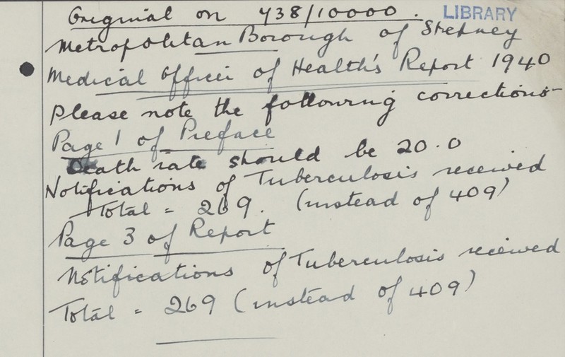 Omgial on 438/10000. Metropolitan Borough of Stepney Medical officer of Health's Report 1940 Please note the following corretions. Page 1 of Preface Death rate should be 20.0 Notifications of Tuberculosis received Total=269. (instead of 409) Page 3 of Report notifications of Tuberculosis received Total=269(unstead of 409)