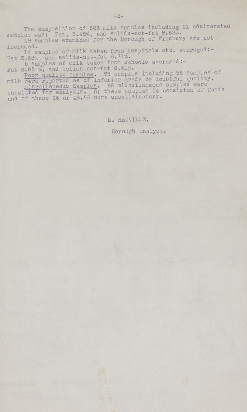 -2- The composition of 683 milk samples including 21 adulterated samples was: Fat, 3.48%, and solids-not-fat 8.63%. 18 samples examined for the Borough of Finsbury are not included. 14 samples of milk taken from hospitals etc. averaged: Fat 3.635%, and solids-not-fat 8.71%. 5 samples of milk taken from schools averaged: Fat 3.85 and solids-not-fat 8.61%. Poor quality samples. 75 samples including 56 samples of milk were reported as of inferior grade or doubtful quality. Miscellaneous Samples. 68 miscellaneous samples were submitted for analysis. Of these samples 54 consisted of foods and of these 26 or 48.2% were unsatisfactory. D. HENVILLE. Borough Analyst.