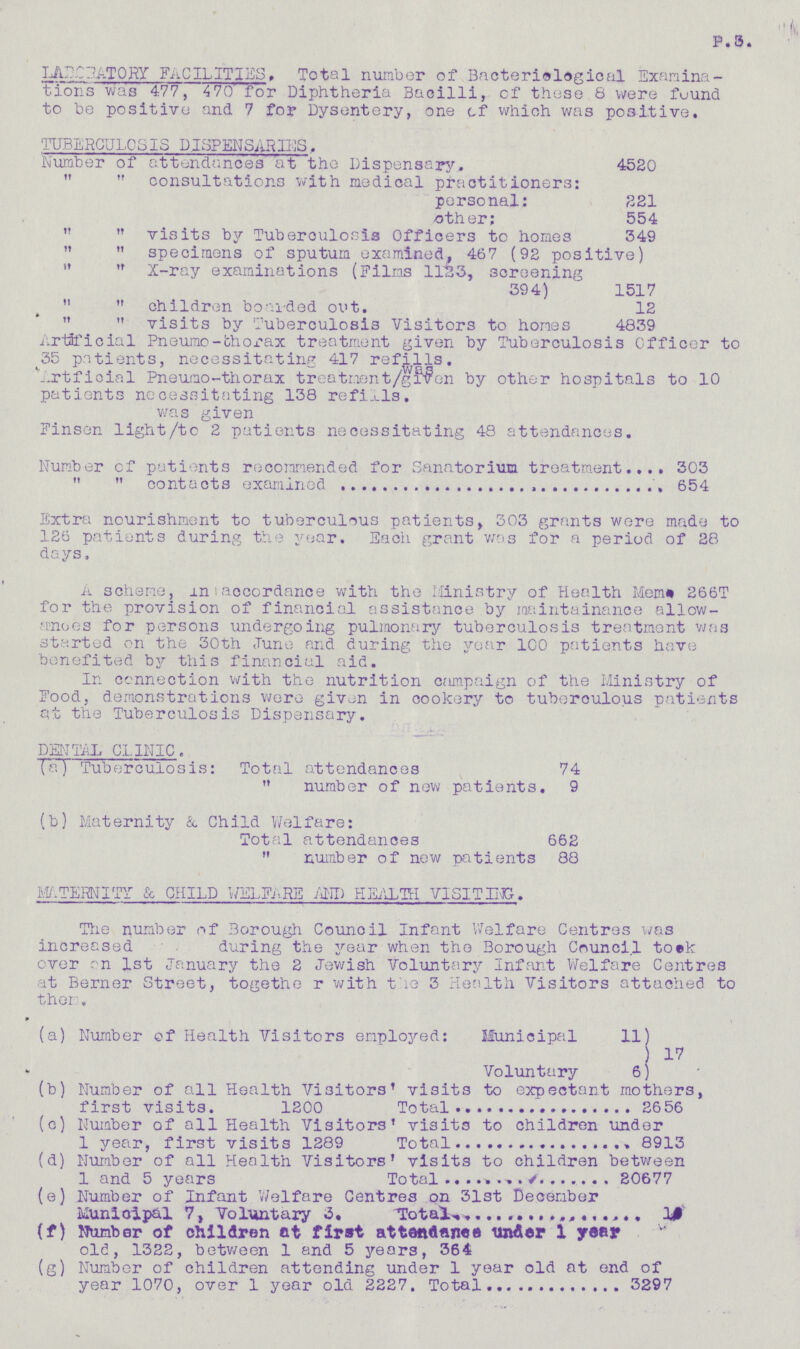 P.3. LABORATORY FACILITIES. Total number of Bacteriological Examina tions was 477, 470 for Diphtheria Bacilli, of these 8 were found to be positive and 7 for Dysentery, one of which was positive. TUBERCULOSIS DISPENSARIES. Number of attendances at the Dispensary. 4520   consultations with medical practitioners: personal: 221 other; 554   visits by Tuberculosis Officers to homes 349   specimens of sputum examined, 467 (92 positive)   X-ray examinations (Films 1123, screening 394) 1517   children boarded out. 12   visits by Tuberculosis Visitors to homes 4839 Artificial Pneumo-thorax treatment given by Tuberculosis Officer to 35 patients, necessitating 417 refills. Artfioial Pneumo-thorax treatment was given by other hospitals to 10 patients necessitating 138 refills, was given Finsen light/to 2 patients necessitating 48 attendances. Number cf patients recommended for Sanatorium treatment 303   contacts examined 654 Extra nourishment to tuberculous patients, 303 grants were made to 126 patients during the year. Each grant was for a period of 28 days. A scheme,in accordance with the Ministry of Health Mem 266T for the provision of financial assistance by maintainance allow anoes for persons undergoing pulmonary tuberculosis treatment was started on the 30th June and during the year 100 patients have benefited by this financial aid. In connection with the nutrition campaign of the Ministry of Food, demonstrations were given in cookery to tuberculous patients at the Tuberculosis Dispensary. DENTAL CLINIC. (a) Tuberculosis: Total attendances 74  number of new patients. 9 (b) Maternity & Child Welfare: Total attendances 662  number of new patients 88 MATERNITY & CHILD WELFARE AND HEALTH VISITING. The number of Borough Council Infant Welfare Centres was increased during the year when the Borough Council took over on 1st January the 2 Jewish Voluntary Infant Welfare Centres at Berner Street, together with the 3 Health Visitors attached to them. (a) Number of Health Visitors employed: Municipal 11) ) 17 Voluntary 6) (b) Number of all Health Visitors' visits to expectant mothers, first visits. 1200 Total 2656 (c) Number of all Health Visitors' visits to children under 1 year, first visits 1289 Total 8913 (d) Number of all Health Visitors' visits to children between 1 and 5 years Total 80677 (e) Number of Infant Welfare Centres on 31st December Municipal 7, Voluntary 3, Total 10 (f) Number of children fit first attendance under 1 year old, 1322, between 1 and 5 years, 364 (g) Number of children attending under 1 year old at end of year 1070, over 1 year old 2227. Total 3297