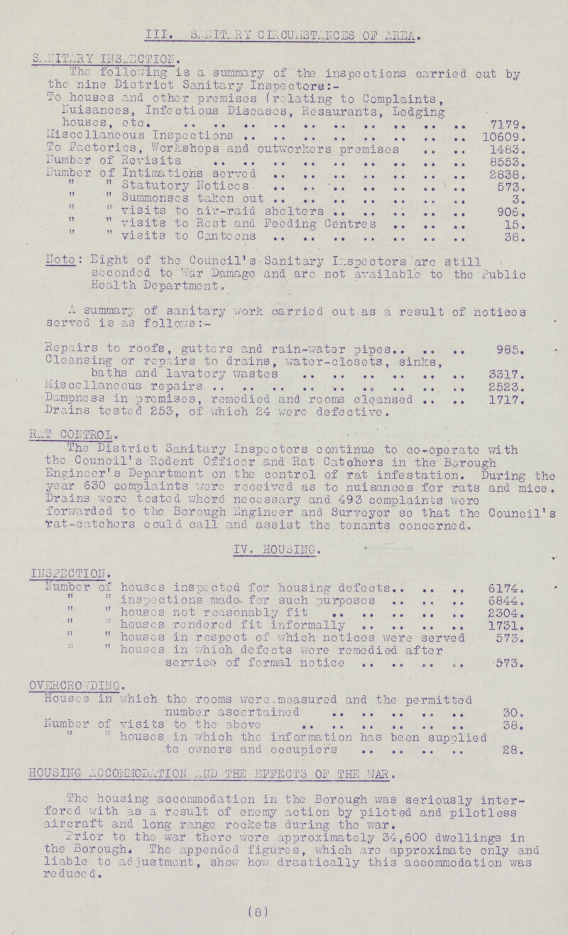 III. SANITARY CIRCUMSTANCES OF AREA. SANITARY INSPECTION The following is a summary of the inspections carried out by the nine District Sanitary Inspectors: To houses and other premises (relating to Complaints, Nuisances, Infectious Diseases, Resaurants, Lodging houses, etc. 7179. Miscellaneous Inspections 10609. To Factories, Workshops and outworkers premises 1483. Number of Revisits 8553. Number of Intimations served 2838.   Statutory Notices 573.  11 Summonses taken out 3.  visits to air-raid shelters 906.  visits to Rest and Feeding Centres 15.  visits to Canteens 38. Note: Eight of the Council's Sanitary Inspectors are still seconded to War Damage and are not available to the Public Health Department. A summary of sanitary work carried out as a result of notices served is as follows:- Repairs to roofs, gutters and rain-water pipes 985. Cleansing or repairs to drains, water-closets, sinks, baths and lavatory wastes 3317. Miscellaneous repairs 2523. Dampness in premises, remedied and rooms cleansed 1717. Drains tested 253, of which 24 were defective. RAT CONTROL. The District Sanitary Inspectors continue to co-operate with the Council's Rodent Officer and Rat Catchers in the Borough Engineer's Department on the control of rat infestation. During the year 630 complaints were received as to nuisances for rats and mice. Drains were tested where necessary and 493 complaints were forwarded to the Borough Engineer and Surveyor so that the Council's rat-catchers could call and assist the tenants concerned. IV. HOUSING. INSPECTION. Number of houses inspected for housing defects 6174.  inspections made for such purposes 6844.  houses not reasonably fit 2304.  houses rendered fit informally 1731.  houses in respect of which notices were served 573.  houses in which defects wore remedied after service of formal notice 573. OVERCROWDING-. Houses in which the rooms were measured and the permitted number ascertained 30. Number of visits to the above 38.   houses in which the information has been supplied to owners and occupiers 28. HOUSING ACCOMMODATION AND THE EFFECTS OF THE WAR. The housing accommodation in the Borough was seriously inter fered with as a result of enemy action by piloted and pilotless aircraft and long range rockets during the war. Prior to the war there were approximately 34,600 dwellings in the Borough. The appended figures, which are approximate only and liable to adjustment, show how drastically this accommodation was reduced. (8)