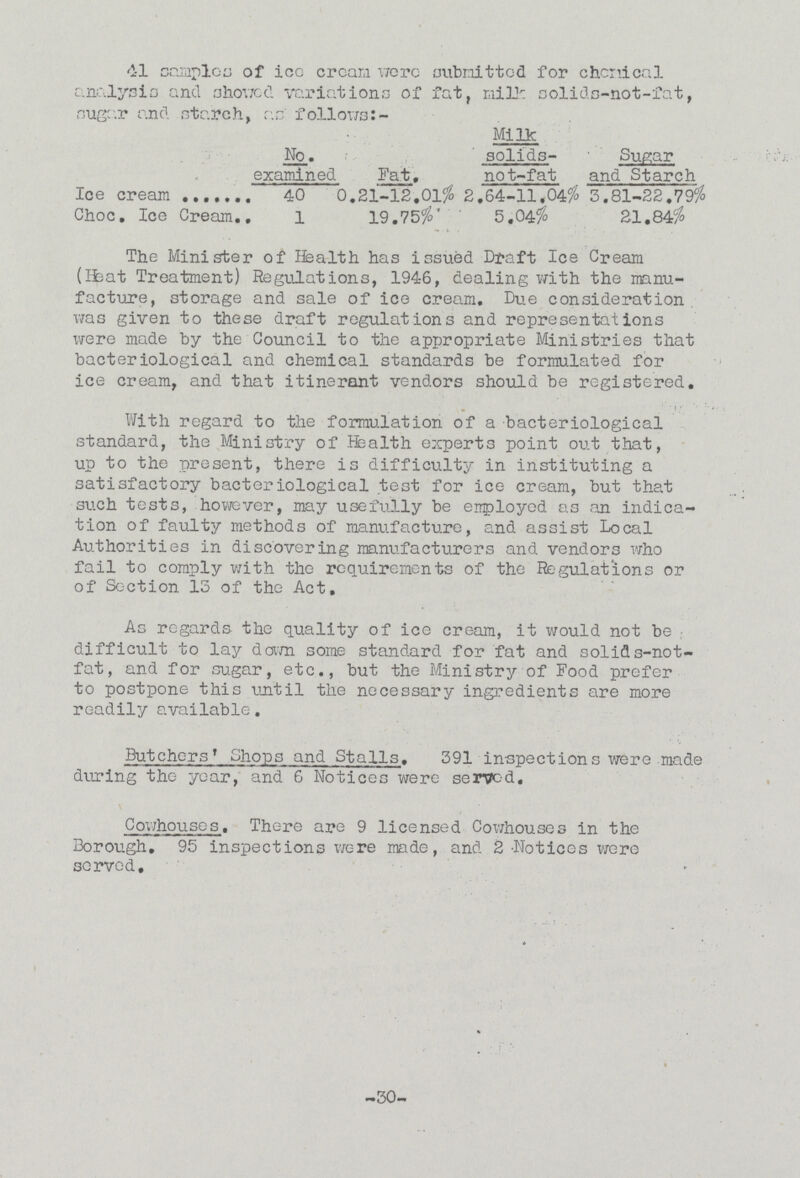 The Minister of Health has issued Draft Ice Cream (Heat Treatment) Regulations, 1946, dealing with the manu facture, storage and sale of ice cream. Due consideration was given to these draft regulations and representations were made by the Council to the appropriate Ministries that bacteriological and chemical standards be formulated for ice cream, and that itinerant vendors should be registered. With regard to the formulation of a bacteriological standard, the Ministry of health experts point out that, up to the present, there is difficulty in instituting a satisfactory bacteriological test for ice cream, but that such tests, however, may usefully be employed as an indica tion of faulty methods of manufacture, and assist Local Authorities in discovering manufacturers and vendors who fail to comply with the requirements of the Regulations or of Section 13 of the Act. As regards the quality of ice cream, it would not be difficult to lay dam some standard for fat and solids-not fat, and for sugar, etc., but the Ministry of Food prefer to postpone this until the necessary ingredients are more readily available. Butchers' Chops and Stalls. 391 inspections were made during the year, and 6 Notices were served. Cowhouses. There are 9 licensed Cowhouses in the Borough. 95 inspections were made, and 2 Notices were served. 30 41 samples of icc cream were submitted for chemical analysis and showed variations of fat, millk solids-not-fat, sugar and starch, as follows:- No. examined Fat. Milk solids not fat Sugar and Starch Ice cream 40 0 21-12.01% 2 64-11.04% 3.81-22.79% Choc. Ice Cream 1 19.75% 5.04% 21.84%