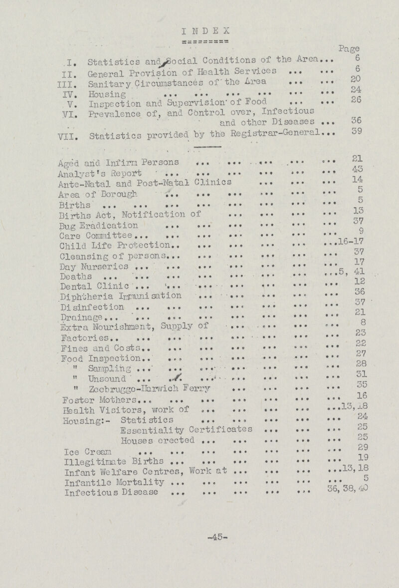 INDEX Page I. Statistics and social Conditions of the Area 6 II. General Provision of Health Services 6 III. Sanitary Circumstances of the Area 20 IV. Housing 24 V. Inspection and Supervision of Food 26 VI. Prevalence of, and Control over, Infectious ad other Diseases 36 VII. Statistics provided by the Registrar-General 39 Aged and Infirm Persons 21 Analyst's Report 43 Ante-Natal and Post-Natal Clinics 14 Area of Borough. 5 Births Births Act, Notification of 13 Bug Eradication 37 Care Committee Child Life Protection 16-17 Cleansing of persons 37 Day Nurseries 17 Deaths 5, 41 Dental Clinic 12 Diphtheria Immunisation 36 Disinfection 37 Drainage 21 Extra Nourishment, Supply of 8 Factories 23 Fines and Costs Food Inspection 27 Sampling 28 Unsound 31 Zocbrugge-Harwich Ferry 35 Foster Mothers 16 Health Visitors, work of 13, 18 Housing:- Statistics 24 Essentiality Certificates 25 Houses erected 25 Ice Cream 29 Illegitimate Births 19 Infant Welfare Centres, Work at 13,18 Infantile Mortality 5 Infectious Disease 36,38,40 45