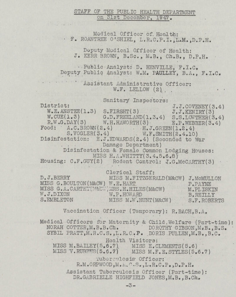 STAFF OF THE PUBLIC HEALTH DEPARTMENT on 31st December, 1947. Medical Officer of. Health: F. ROANTREE O'SHIEL, L.R.G.P.I.,K.M.,D.P.H. Duputy Mcdical Officer of Health: J.KERR BROWN, B.Sc. , M.B. , Ch.B., D.P.H. Public Analyst: D. HENVILLE, F.I.C. Deputy Public Analyst: W.M, PAULLEY, B.A,, F.I.C Assistant Administrative Officer: W.F. LELLOW (2) Sanitary Inspectors: District: J. J. COVENEY (3.4) W.E.ANSTEE(1.3) S.FIRSHT(3) J.J.KENIRY(3) W.CUE(1.3) G.D.FREELAND(1.3.4) S.S.LCWTHER(3.4) R.W.G,DAY(3) W, H. HAWORTH(3) E.P.WEBBER( 3.4) Food: A.C.BR0WN(2.4) H.J.GREEN(1.2.4) S,V0GLER(3.4) W.F.SMITH(2.4.10) Disinfestation: E.J.EDWARDS(2.4) (Seconded to War Damage Department) Disinfestation & Female Common Lodging Houses: MISS H. A.WHITTY( 3. 4.5.6 .8 ) Housing: C.F.GUY(2) Rodent Control: J.G.McCARTHY(3 Clerical Staff: D.J.BERRY MISS M.FITZGERALD(M&CW) J.McMULLON MISS G.BOULTON(M&CW) W.E.HART. P.PAYNE MISS G.A.CARTKY(M&cw)MRS.H.HILES(M&CW) M.PLISKIN W.J.DIXON W.P.HOWARD B. REILLY S.EMBLETON MISS M.W. HUNT (M&CW) S.F.ROBERTS Vaccination Officer (Temporary): R.BACH,B.A Medical Officers for Maternity & Child.Welfare (Part-time): NORAH COTTER,M.B.B.Ch.DORQTHY GIBSON,M,B.,B.S. ' SYBIL PRATT,M.R.C.S. ,L.R.C .P. .DORIS .PULLEN,M.B. ,B.C. Health Visitors: MISS M.BAILEY( 5,6.7) MISS E.CLEMENTS(5.6) ' MISS V.RinVFWS(5.6.7) MISS M.F.E. STYLES( 5.6 .7 ) Tuberculosis- Officer: R.M.ORPWOOD,M.R.C.S,,L.R.C.P.,D.P,H. Assistant Tuberculosis Officer (Part-time): DR.GABRIELLE HIGHFIELD JONES,M.B.,B.Ch. -3-