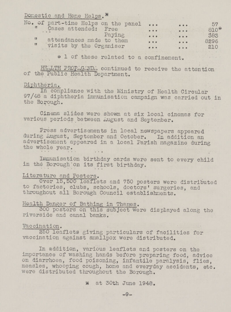 Domestic and Hone Helps. No. of part-time Helps on the panel 57  Cases attended: Free 810 Paying 383  attendances made to them 8296  visits by the Organiser 210 1 of these related to a confinement. HEALTH PROPAGANDA continued to receive the attention of the Public Health Department. Diphtheria. In compliance with the Ministry of Health Circular 97/48 a diphtheria immunisation campaign was carried out in the Borough. Cinema slides were shown at six local cinemas for various periods between August and September. Press advertisements in local newspapers appeared during August, September and October. In addition an advertisement appeared in a local Parish magazine during the whole year. Immunisation birthday cards were sent to every child in the Borough on its first birthday. Literature and Posters. Over 15,500 leaflets and 750 posters were distributed to factories, clubs, schools, doctors' surgeries, and throughout all Borough Council establishments. Health Danger of Bathing in Thames. 300 posters on this subject were displayed along the riverside and canal banks. Vaccination. 250 leaflets giving particulars of facilities for vaccination against smallpox were distributed. In addition, various leaflets and posters on the importance of washing hands before preparing food, advice on diarrhoea, food poisoning, infantile paralysis, flies, measles, whooping cough, home and everyday accidents, etc. were distributed throughout the Borough. at 30th June 1948. -9-