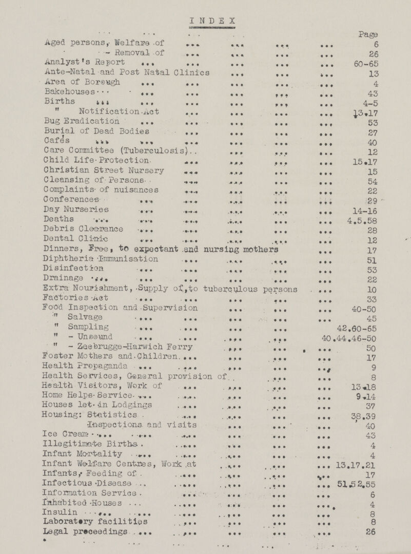 INDEX Page Aged persons, Welfare of 6 — Removal of 26 Analyst's Report 60-65 Ante-Natal and Post Natal Clinics 13 Area of Borough 4 Bakehouses 43 Births 4—5  Notification Act ½3.17 Bug Eradication 53 Burial of Dead Bodies 27 Cafes 40 Care Committee (Tuberculosis) 12 Child Life-Protection. 15.17 Christian Street Nursery 15 Cleansing of Persons 54 Complaints of nuisances 22 Conferences 29 Day Nurseries 14-16 Deaths 4.5.58 Debris Clearance 28 Dental Clinic 12 Dinners, Free, to expectant and nursing mothers 17 Diphtheria Immunisation 51 Disinfection 53 Drainage 22 Extra Nourishment,Supply of,to tuberculous persons 10 Factories Act 33 Food Inspection and Supervision 40-50 “ Salvage 45 “ Sampling 42.60—65  -Unsound 40.44.46-50  -Zee brugge-Harwich Ferry 50 Foster Mothers and. Children 17 Health Propaganda 9 Health Services, General provision of 8 Health Visitors, Work of 13.18 Home Helps Service 9.14 Houses let in Lodgings 37 Housing: Statistics 38.39 Inspections and visits 40 Ice Cream 43 Illegitimate Births. 4 Infant Mortality 4 Infant Welfare Centres, Work at 13.17.21 Infants,. Feeding of. 17 Infectious Disease 51.52.55 Information Service. 6 Inhabited Houses 4 Insulin 8 Laboratory facilities 8 Legal proceedings 26