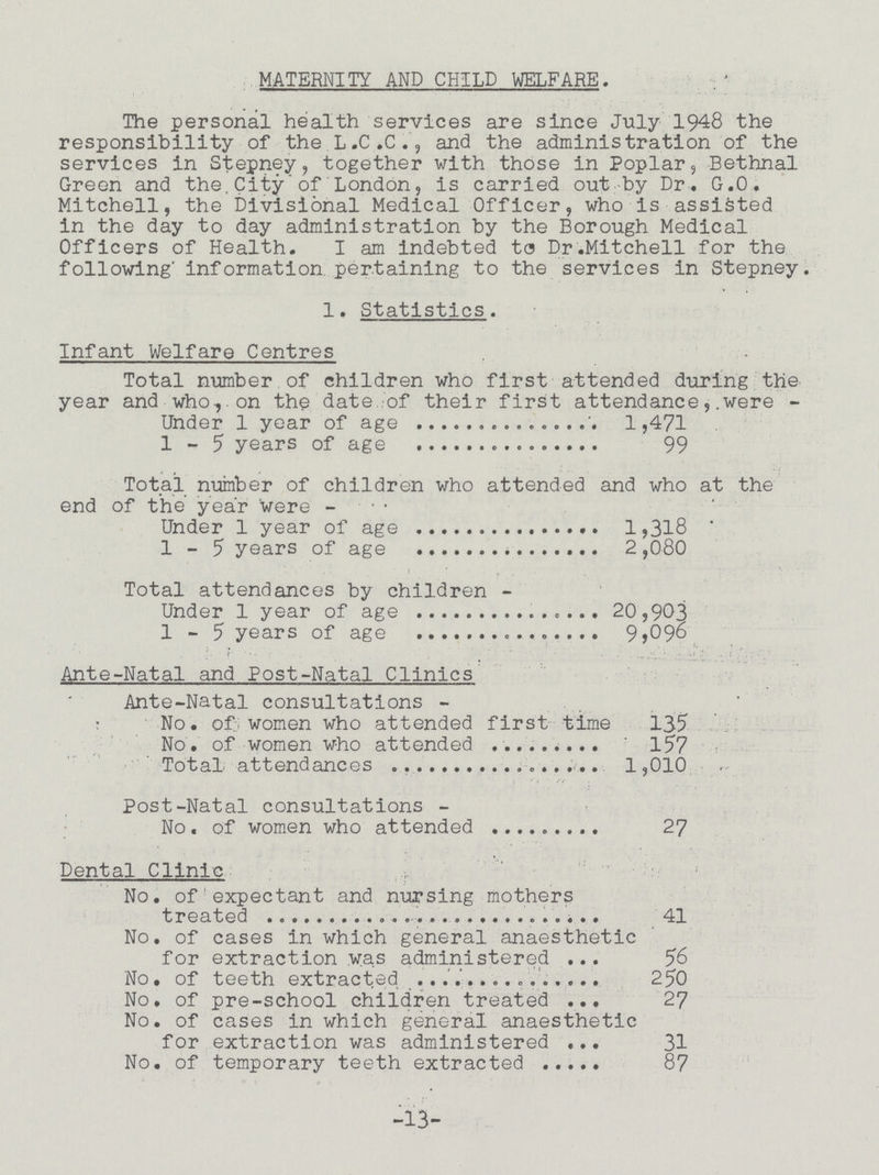 MATERNITY AND CHILD WELFARE. The personal health services are since July 1948 the responsibility of the L.C.C., and the administration of the services in Stepney, together with those in Poplar, Bethnal Green and the.City of London, is carried out by Dr. G.O. Mitchell, the Divisional Medical Officer, who is assisted in the day to day administration by the Borough Medical Officers of Health. I am indebted to Dr .Mitchell for the following' information pertaining to the services in Stepney. 1. Statistics. Infant Welfare Centres Total number of children who first attended during the year and who, on the date of their first attendance, were - Under 1 year of age 1,471 1-5 years of age 99 Total number of children who attended and who at the end of the year were- Under 1 year of age 1,318 1-5 years of age 2 ,080 Total attendances by children - Under 1 year of age 20,903 1-5 years of age 9,096 Ante-Natal and Post-Natal Clinics Ante-Natal consultations- No. of women who attended first time 135 No. of women who attended 157 Total attendances 1,010 post-Natal consultations- No. of women who attended 27 Dental Clinic No. of expectant and nursing mothers treated 41 No. of cases in which general anaesthetic for extraction was administered 56 No. of teeth extracted 250 No. of pre-school children treated 27 No. of cases in which general anaesthetic for extraction was administered 31 No. of temporary teeth extracted 87 -13-