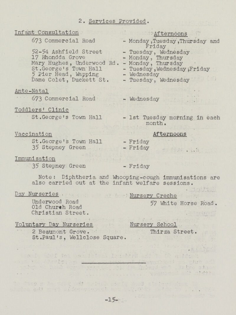 2. Services Provided. Infant Consultation Afternoons 673 Commercial Road - Monday,Tuesday,Thursday and Friday 52-54 Ashfield Street - Tuesday, Wednesday 17 Rhondda Grove - Monday, Thursday Mary Hughes, Underwood Rd. - Monday, Thursday St.George's Town Hall - Tuesday,Wednesday; Friday 5 Pier Head, Wapping - Wednesday Dame Colet, Duckett St. - Tuesday, Wednesday Ante-Natal 673 Commercial Road - Wednesday Toddlers' Clinic St.George's Town Hall - 1st Tuesday morning in each month. Vaccination Afternoons St .George's Town Hall - Friday 35 Stepney Green - Friday Immunisation 35 Stepney Green - Friday Note: Diphtheria and Whooping-cough immunisations are also carried out at the infant welfare sessions. Day Nurseries Nursery Creche 57 White Horse Road. Old Chureh Road Christian Street. Voluntary Day Nurseries Nursery School 2 Beaumont Grove. Thirza Street. St.Paul's, Wellclose Square. -15-