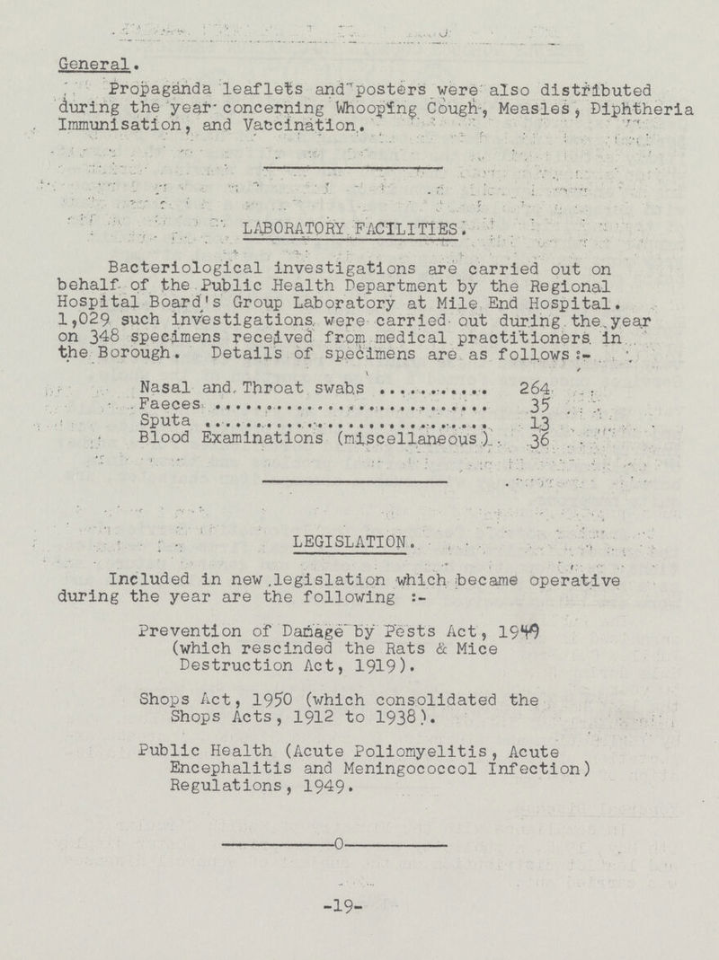 General. Propaganda leaflets and' posters were also distributed during the yeai concerning Whooping Cough-, Measles, Diphtherlia Immunisation, and Vaccination. : LABORATORY. FACILITIES, Bacteriological investigations are carried out on behalf of the Public Health Department by the Regional Hospital Board's Group Laboratory at Mile End Hospital. 1,029 such investigations, were carried-out during the.year on 348 specimens received from medical practitioners. In the Borough. Details of specimens are as follows:- Nasal and. Throat swabs 264 Faeces 35 Sputa 13 Blood Examinations (miscellaneous)36 LEGISLATION. Included in new .legislation which became operative during the year are the following it:- Prevention of Damage'by Pests Act, 1949 (which rescinded the Rats & Mice Destruction Act, 1919). Shops Act, 1950 (which consolidated the Shops Acts, 1912 to 1938). Public Health (Acute Poliomyelitis, Acute Encephalitis and Meningococcol Infection) Regulations, 1949. -19-