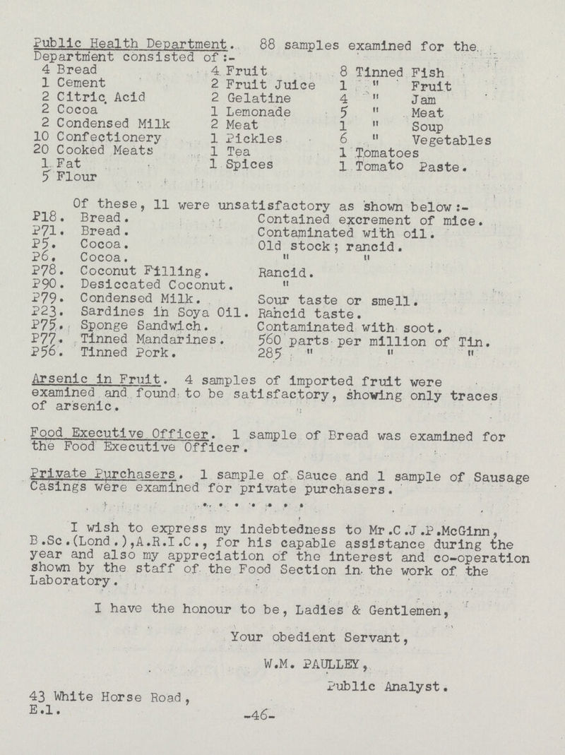 Public Health Department. 88 samples examined for the. Department consisted of:- 4 Bread 4. Fruit 8 Tinned Fish 1 Cement 2 Fruit Juice 1 „ Fruit 2 Citric Acid 2 Gelatine 4 „ Jam 2 Cocoa 1 Lemonade 5 „ Meat 2 Condensed Milk 2 Meat 1 „ Soup 10 Confectionery 1 Pickles 6 „ Vegetables 20 Cooked Meats , 1 Tea 1 Tomatoes 1 Fat 1 Spices 1 Tomato Paste. 5 Flour Of these, 11 were unsatisfactory as shown below Pl8. Bread. Contained excrement of mice. P71. Bread. Contaminated with oil. P5. Cocoa. Old stock 5 rancid. p6. Cocoa. „ P78. Coconut Filling. Rancid. P90. Desiccated Coconut. „ P79. Condensed Milk. Sour taste or smell. P23. Sardines in Soya Oil. Rancid taste. P75. Sponge Sandwich. Contaminated with soot. P77. Tinned Mandarines. 560 parts per million of Tin. P56. Tinned Pork. 285 „ „ „ Arsenic in Fruit. 4 samples of imported fruit were examined and found: to be satisfactory, showing only traces of arsenic. Food Executive Officer. 1 sample of Bread was examined for the Food Executive Officer. Private Purchasers 1 sample of Sauce and 1 sample of Sausage Casings were examined for private purchasers. I wish to express my indebtedness to Mr. C.J.P. McGinn, B.Sc.(Lond.),A.R.I.C., for his capable assistance during the year and also my appreciation of the interest and co-operation shown by the staff of the Food Section in- the work of the Laboratory. I have the honour to be, Ladies & Gentlemen, Your obedient Servant. W.M. PAULLEY, Public Analyst. 43 White Horse Road, E.1. -46-
