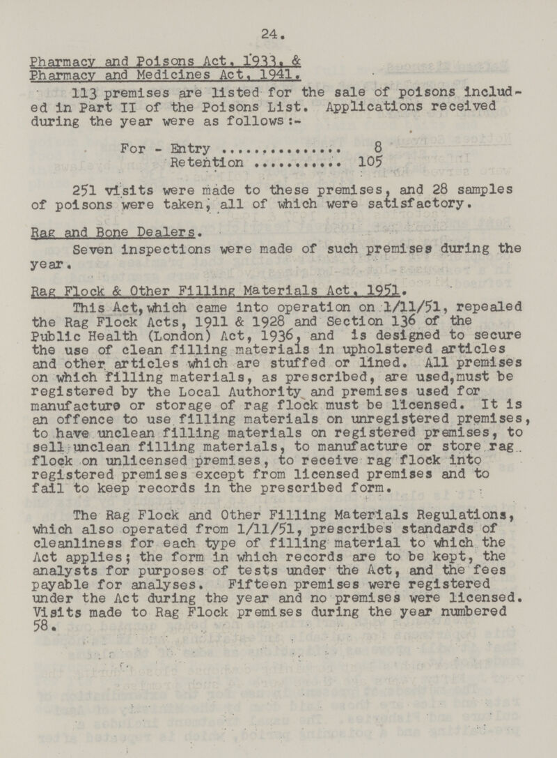 24. Pharmacy and Poisons Act. 1933. & Pharmacy and Medicines Act. 1941. 113 premises are listed for the sale of poisons includ ed in Part II of the Poisons List. Applications received during the year were as follows For - Entry 8 Retention 105 251 visits were made to these premises, and 28 samples of poisons were taken, all of which were satisfactory. Rag and Bope Dealers. Seven inspections were made of such premises during the year. Rag Flock & Other Filling Materials Act. 1951. This Act,which came into operation on 1/11/51, repealed the Rag Flock Acts, 1911 & 1928 and Section 136 of the Public Health (London) Act, 1936, and is designed to secure the use of clean filling materials in upholstered articles and other articles which are stuffed or lined. All premises on which filling materials, as prescribed, are used,must be registered by the Local Authority and premises used for manufacture or storage of rag flock must be licensed. It is an offence to use filling materials on unregistered premises, to have unclean filling materials on registered premises, to sell unclean filling materials, to manufacture or store rag. flock on unlicensed premises, to receive rag flock into registered premises except from licensed premises and to fail to keep records in the prescribed form. The Rag Flock and Other Filling Materials Regulations, which also operated from 1/11/51, prescribes standards of cleanliness for each type of filling material to which the Act applies; the form in which records are to be kept, the analysts for purposes of tests under the Act, and the fees payable for analyses. Fifteen premises were registered under the Act during the year and no premises were licensed. Visits made to Rag Flock premises during the year numbered 58.