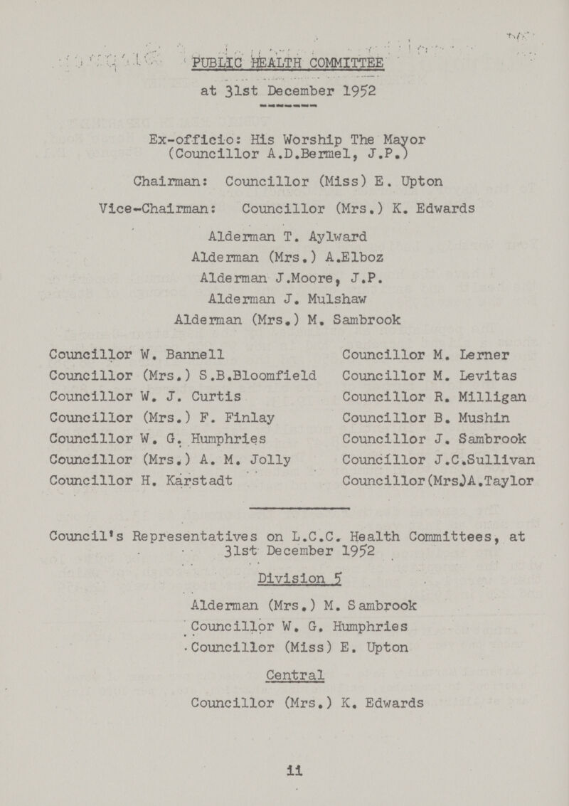 PUBLIC HEALTH COMMITTEE at 31st December 1952 Ex-officio: His Worship The Mayor (Councillor A.D.Beimel, J.P.) Chairman: Councillor (Miss) E. Upton Vice-Chairman: Councillor (Mrs.) K. Edwards Alderman T. Aylward Alderman (Mrs.) A.Elboz Alderman J.Moore, J.P. Alderman J. Mulshaw Alderman (Mrs.) M. Sambrook Councillor W. Bannell Councillor M. Lemer Councillor (Mrs.) S.B.Bloomfield Councillor M. Levitas Councillor W. J. Curtis Councillor R. Milligan Councillor (Mrs.) F. Finlay Councillor B. Mushin Councillor W. G. Humphries Councillor J. Sambrook Councillor (Mrs.) A. M. Jolly Councillor J.C.Sullivan Councillor H. Karstadt Councillor(Mrs A.Taylor Council's Representatives on L.C.C. Health Committees, at 31st December 1952 Division 5 Alderman (Mrs.) M. Sambrook Councillor W. G. Humphries Councillor (Miss) E. Upton Central Councillor (Mrs.) K. Edwards ii