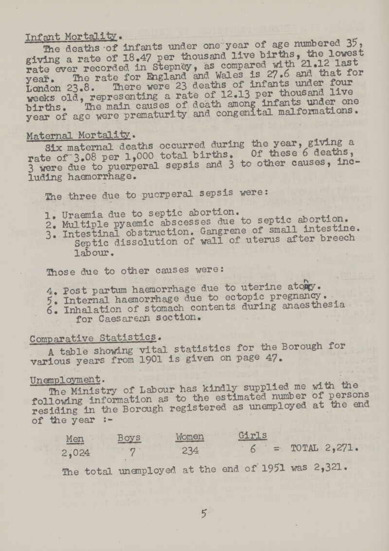 Infant Mortality. Bie deaths of infants under one year of age numbered 35, giving a rate of 18.47 per thousand live births, the lowest rate ever recorded in Stepney, as compared with 21.12 last year. The rate for England and Wales is 27.6 and that for London 23.8. There were 23 deaths of infants under four weeks old, representing a rate of 12.13 per thousand live births. The main causes of death among infants under one year of age were prematurity and congenital malfoimations. Maternal Mortality. Six maternal deaths occurred during the year, giving a rate of 3.08 per 1,000 total births. Of these 6 deaths, 3 were due to puerperal sepsis and 3 to other causes, inc luding haemorrhage. The three due to puerperal sepsis were: 1. Uraemia due to septic abortion. 2. Multiple pyaemic abscesses due to septic abortion. 3. Intestinal obstruction. Gangrene of small intestine. Septic dissolution of wall of uterus after breech labour. Those due to other causes were: 4. Post partum haemorrhage due to uterine atony. 5. Internal haemorrhage due to ectopic pregnancy. 6. Inhalation of stomach contents during anaesthesia for Caesarean section. Comparative Statistics. A table showing vital statistics for the Borough for various years from 1901 is given on page 47. Unemployment. The Ministry of Labour has kindly supplied me with the following information as to the estimated number of persons residing in the Borough registered as unemployed at the end of the year :- Men Boys Women Girls 2,024 7 234 6 TOTAL 2,271. The total unemployed at the end of 1951 was 2,321. 5