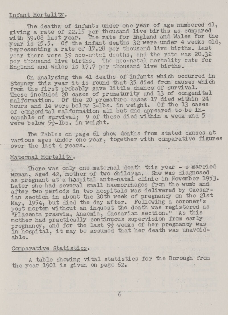 Infant Mortality. The deaths of infants under one year of age numbered 41, giving a rate of 22.15 per thousand live births as compared with 39.08 last year. The rate for Ehgland and Wales for the year is 25.5. Of the infant deaths 32 were -under 4 weeks old, representing a rate of 17.28 per thousand live births. Last year there were 39 nco-natal deaths, and the rate was 20.32 per thousand live births. The neo-natal mortality rate for England and Wales is 17.7 per thousand live births. On analysing the 41 deaths of infants which occurred in Stepney this year it is found that 35 died from causes which from the first probably gave little chance of survival. Those included 20 casos of prematurity and 13 of congenital malformation. Of the 20 premature cases 17 died within 24 hours and 14 were below 3-lbs. in weight. Of the 13 cases of congenital malformation all but one appeared to be in capable of survival; 9 of these died within a week and 5. were below 5^-lbs. in weight. The Tables on page 61 show deaths from stated causes at various ages under one year, together with comparative figures over the last 4 years. Maternal Mortality. There was only one maternal death this year - a married woman, aged 42, mother of two childi*$n. She was diagnosed as pregnant at a Hospital ante-natal clinic in November 1953. Later she had several small haemorrhages frcm the wanb and after two periods in two hospitals was delivered by Caesar ian section in about the 30th week of pregnancy on the 2lst May, 1954, but died the day after. Following a coroner's post mortem without an inquest the death was registered as Placenta praevia, Anaemia, Caesarian section. As this mother had practically continuous supervision from early pregnancy, and for the last 92 weeks of her pregnancy was in hospital, it may be assumed that her death was unavoid able. Comparative Statistics. A table showing vital statistics for the Borough from the year 1901 is given on page 62. 6