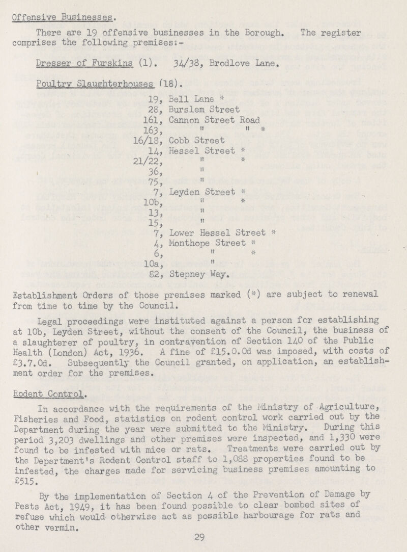Offensive Businesses. There are 19 offensive businesses in the Borough. The register comprises the following premises Dresser of Furskins (l). 34/38, Brodlove Lane. Poultry Slaughterhouses (18). 19, Bell Lane * 28, Burslem Street 161, Cannon Street Road 163,   * 16/18, Cobb Street 14, Hessel Street * 21/22,  * 36,  75,  7, Leyden Street * 10b,  * 13,  15,  7, Lower Hessel Street * 4, Monthope Street * 6,  * 10a,  82, Stepney Way. Establishment Orders of those premises marked (*) are subject to renewal from time to time by the Council. Legal proceedings were instituted against a person for establishing at 10b, Leyden Street, without the consent of the Council, the business of a slaughterer of poultry, in contravention of Section 1^0 of the Public Health (London) Act, 1936. A fine of £15.0.0d was imposed, with costs of £3.7.Od. Subsequently the Council granted, on application, an establish ment order for the premises. Rodent Control. In accordance with the requirements of the Ministry of Agriculture, Fisheries and Food, statistics on rodent control work carried out by the Department during the year were submitted to the Ministry. During this period 3,203 dwellings and other premises were inspected, and 1,330 were found to be infested with mice or rats. Treatments were carried out by the Department's Rodent Control staff to 1,088 properties found to be infested, the charges made for servicing business premises amounting to £515. By the implementation of Section 4 of the Prevention of Damage by Pests Act, 1949, it has been found possible to clear bombed sites of refuse which would otherwise act as possible harbourage for rats and other vermin. 29