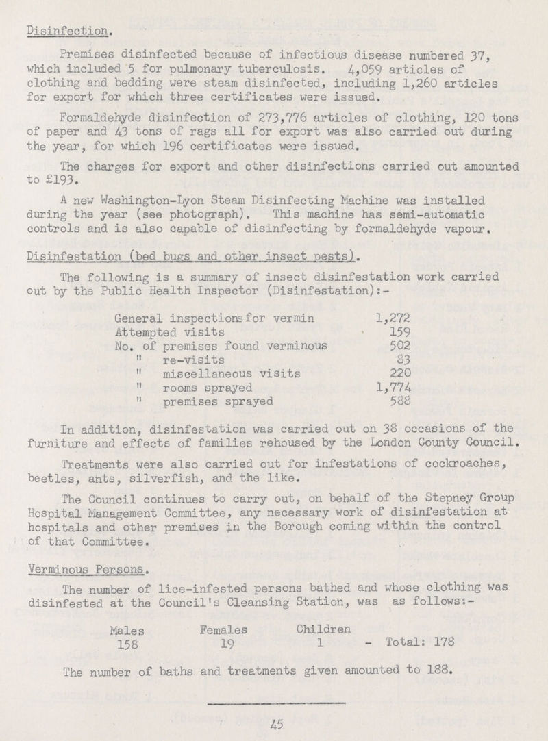 Disinfection. Premises disinfected because of infectious disease numbered 37, which included 5 for pulmonary tuberculosis. 4,059 articles of clothing and bedding were steam disinfected, including 1,260 articles for export for which three certificates were issued. Formaldehyde disinfection of 273,776 articles of clothing, 120 tons of paper and 43 tons of rags all for export was also carried out during the year, for which 196 certificates were issued. The charges for export and other disinfections carried out amounted to £193. A new Washington-Lyon Steam Disinfecting Machine was installed during the year (see photograph). This machine has semi-automatic controls and is also capable of disinfecting by formaldehyde vapour. Disinfestation (bed bugs and other insect pests). The following is a summary of insect disinfestation work carried out by the Public Health Inspector (Disinfestation) General inspections for vermin 1,272 Attempted visits 159 No. of premises found verminous 502  re-visits 83  miscellaneous visits 220  rooms sprayed 1,774  premises sprayed 588 In addition, disinfestation was carried out on 38 occasions of the furniture and effects of families rehoused by the London County Council. Treatments were also carried out for infestations of cockroaches, beetles, ants, silverfish, and the like. The Council continues to carry out, on behalf of the Stepney Group Hospital Management Committee, any necessary work of disinfestation at hospitals and other premises in the Borough coming within the control of that Committee. Verminous Persons. The number of lice-infested persons bathed and whose clothing was disinfested at the Council's Cleansing Station, was as followss:- Males Females Children 158 19 1 Total: 178 The number of baths and treatments given amounted to 188. 45