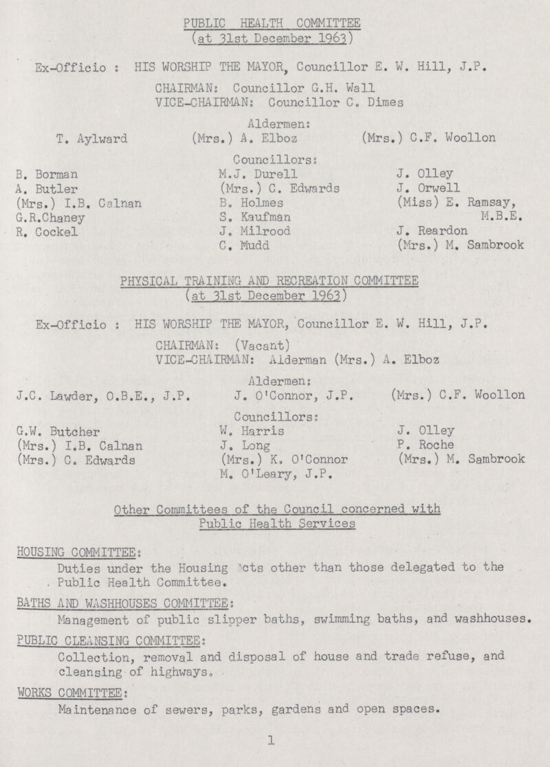 PUBLIC HEALTH COMMITTEE (at 31st December 1963) Ex-Officio: HIS WORSHIP THE MAYOR, Councillor E. W. Hill, J.P. CHAIRMAN: Councillor G.H. Wall VICE-CHAIRMAN; Councillor C. Dimes Aldermen: T. Aylward (Mrs.) A. Elboz (Mrs.) C.F. Woollon Councillors: B. Borman M.J. Durell J. Olley A. Butler (Mrs.) C. Edwards J. Orwell (Mrs.) I.B. Calnan B. Holmes (Miss) E. Ramsay, G.R.Chaney S. Kaufman M.B.E. R. Cockel J. Milrood J. Reardon C. Mudd (Mrs.) M. Sambrook PHYSICAL TRAINING AND RECREATION COMMITTEE (at 31st December 1963) Ex-Officio: HIS WORSHIP THE MAYOR, Councillor E. W. Hill, J.P. CHAIRMAN: (Vacant) VICE-CHAIRMAN: Alderman (Mrs.) A. Elboz Aldermen; J.C. Lawder, O.B.E., J.P. J. O'Connor, J.P. (Mrs.) C.F. Woollon Councillors: G.W. Butcher W. Harris J. Olley (Mrs.) I.B. Calnan J. Long P. Roche (Mrs.) C. Edwards (Mrs.) K, O'Connor (Mrs.) M. Sambrook M. O'Leary, J.P. Other Committees of the Council concerned with Public Health Services HOUSING COMMITTEE; Duties under the Housing Acts other than those delegated to the . Public Health Committee. BATHS AND WASHHOUSES COMMITTEE; Management of public slipper baths, swimming baths, and washhouses. PUBLIC CLEANSING COMMITTEE: Collection, removal and disposal of house and trade refuse, and cleansing of highways. WORKS COMMITTEE: Maintenance of sewers, parks, gardens and open spaces. 1