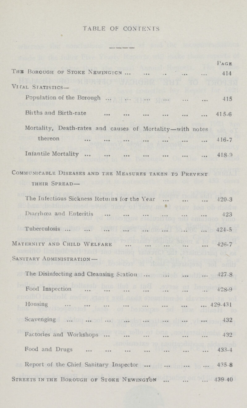 TABLE OF CONTENTS Page The Borough of Stoke Newingtcn 414 Vi tal Statistics— Population of the Borough 415 Biiths and Birth-rate 415-6 Mortality, Death-rates and causes of Mortality—with notes thereon 416-7 Infantile Mortality 418-9 Communicable Diseases and the Measures taken to Prevent their Spread— The Infectious Sickness Retui ns for the Year 420-3 Diarrhoea and Enteritis 423 Tuberculosis 424-5 Maternity and Child Welfare 426-7 Sanitary Administration — The Disinfecting and Cleansing Station 427-8 Food Inspection 428-9 Housing 429-431 Scavenging 432 Factories and Workshops 432 Food and Drugs 433-4 Report of the Chief Sanitary Inspector 435-8 Streets in the Borough of Stoke Newington 439 -40