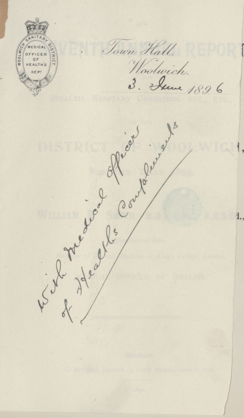 Town Hall Woolwich. 3. 2june 1896 wuth medialoffecer of healths complaints