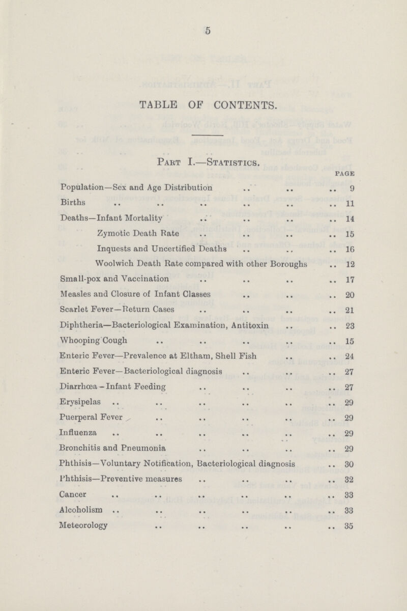 5 TABLE OF CONTENTS. Part I.—Statistics. page Population—Sex and Age Distribution 9 Births 11 Deaths—Infant Mortality 14 Zymotic Death Rate 15 Inquests and Uncertified Deaths 16 Woolwich Death Rate compared with other Boroughs 12 Small-pox and Vaccination 17 Measles and Closure of Infant Classes 20 Scarlet Fever—Return Cases 21 Diphtheria—Bacteriological Examination, Antitoxin 23 Whooping Cough 15 Enteric Fever—Prevalence at Eltham, Shell Fish 24 Enteric Fever—Bacteriological diagnosis 27 Diarrhoea —Infant Feeding 27 Erysipelas 29 Puerperal Fever 29 Influenza 29 Bronchitis and Pneumonia 29 Phthisis—Voluntary Notification, Bacteriological diagnosis 30 phthisis—Preventive measures 32 Cancer 33 Alcoholism 33 Meteorology 35