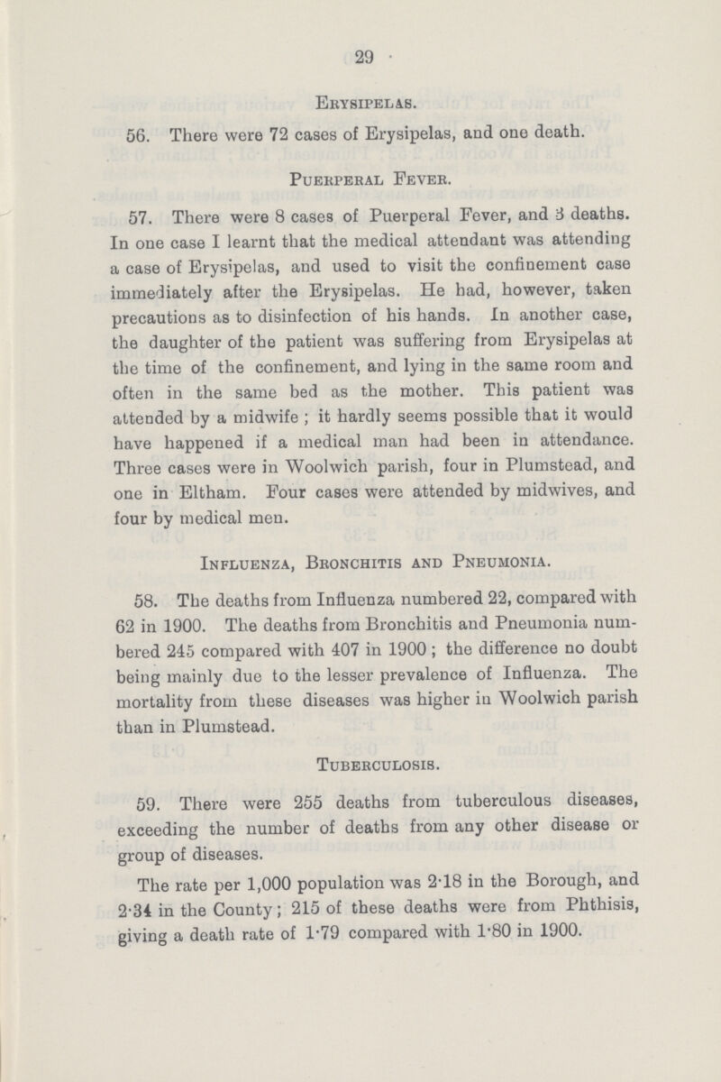 29 Erysipelas. 56. There were 72 cases of Erysipelas, and one death. Puerperal Fever. 57. There were 8 cases of Puerperal Fever, and 3 deaths. In one case I learnt that the medical attendant was attending a case of Erysipelas, and used to visit the confinement case immediately after the Erysipelas. He had, however, taken precautions as to disinfection of his hands. In another case, the daughter of the patient was suffering from Erysipelas at the time of the confinement, and lying in the same room and often in the same bed as the mother. This patient was attended by a midwife; it hardly seems possible that it would have happened if a medical man had been in attendance. Three cases were in Woolwich parish, four in Plumstead, and one in Eltham. Four cases were attended by midwives, and four by medical men. Influenza, Bronchitis and Pneumonia. 58. The deaths from Influenza numbered 22, compared with 62 in 1900. The deaths from Bronchitis and Pneumonia num bered 245 compared with 407 in 1900 ; the difference no doubt being mainly due to the lesser prevalence of Influenza. The mortality from these diseases was higher in Woolwich parish than in Plumstead. Tuberculosis. 59. There were 255 deaths from tuberculous diseases, exceeding the number of deaths from any other disease or group of diseases. The rate per 1,000 population was 2.18 in the Borough, and 2.34 in the County; 215 of these deaths were from Phthisis, giving a death rate of l.79 compared with 1.80 in 1900.