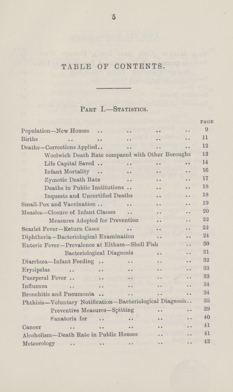 5 TABLE OF CONTENTS. Part I.—Statistics. page Population—New Houses 9 Births 11 Deaths—Corrections Applied 12 Woolwich Death Rate compared with Other Boroughs 13 Life Capital Saved 14 Infant Mortality 16 Zymotic Death Rate 17 Deaths in Public Institutions 18 Inquests and Uncertified Deaths 18 Small-Pox and Vaccination 19 Measles—Closure of Infant Classes 20 Measures Adopted for Prevention 22 Scarlet Fever—Return Cases 22 Diphtheria—Bacteriological Examination 24 Enteric Fever—Prevalence at Eltham—Shell Fish 30 Bacteriological Diagnosis 31 Diarrhoea—Infant Feeding 32 Erysipelas 33 Puerperal Fever 33 Influenza 34 Bronchitis and Pneumonia 34 Phthisis—Voluntary Notification—Bacteriological Diagnosis 35 Preventive Measures—Spitting 39 Sanatoria for 40 Cancer 41 Alcoholism—Death Rate in Public Houses 41 Meteorology 43