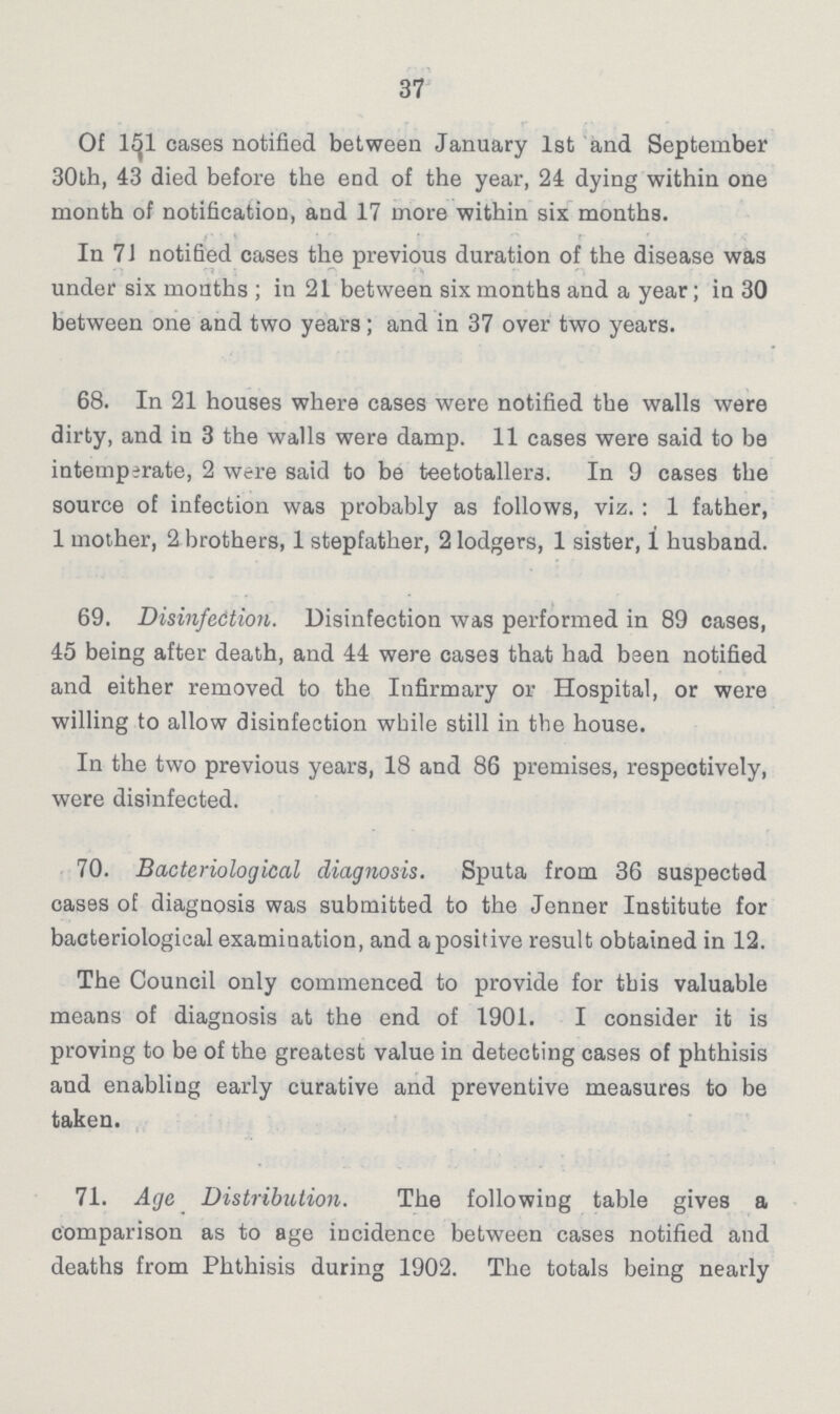 37 Of 151 cases notified between January 1st and September 30th, 43 died before the end of the year, 24 dying within one month of notification, and 17 more within six months. In 71 notified cases the previous duration of the disease was under six mouths ; in 21 between six months and a year; in 30 between one and two years ; and in 37 over two years. 68. In 21 houses where cases were notified the walls were dirty, and in 3 the walls were damp. 11 cases were said to be intemperate, 2 were said to be teetotallers. In 9 cases the source of infection was probably as follows, viz. : 1 father, 1 mother, 2 brothers, 1 stepfather, 2 lodgers, 1 sister, 1 husband. 69. Disinfection. Disinfection was performed in 89 cases, 45 being after death, and 44 were cases that had been notified and either removed to the Infirmary or Hospital, or were willing to allow disinfection while still in the house. In the two previous years, 18 and 86 premises, respectively, were disinfected. 70. Bacteriological diagnosis. Sputa from 36 suspected oases of diagnosis was submitted to the Jcnner Institute for bacteriological examination, and a positive result obtained in 12. The Council only commenced to provide for this valuable means of diagnosis at the end of 1901. I consider it is proving to be of the greatest value in detecting cases of phthisis and enabling early curative and preventive measures to be taken. 71. Age Distribution. The following table gives a comparison as to age incidence between cases notified and deaths from Phthisis during 1902. The totals being nearly