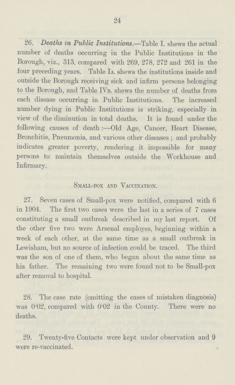 24 26. Deaths in Public Institutions.-—Table I. shews the actual number of deaths occurring in the Public Institutions in the Borough, viz., 313, compared with 269, 278, 272 and 261 in the four preceding years. Table Ia. shews the institutions inside and outside the Borough receiving sick and infirm persons belonging to the Borough, and Table IVb. shews the number of deaths from each disease occurring in Public Institutions. The increased number dying in Public Institutions is striking, especially in view of the diminution in total deaths. It is found under the following causes of death :—Old Age, Cancer, Heart Disease, Bronchitis, Pneumonia, and various other diseases; and probably indicates greater poverty, rendering it impossible for many persons to maintain themselves outside the Workhouse and Infirmary. Small-pox and Vaccination. 27. Seven cases of Small-pox were notified, compared with 6 in 1904. The first two cases were the last in a series of 7 cases constituting a small outbreak described in my last report. Of the other five two were Arsenal employes, beginning within a week of each other, at the same time as a small outbreak in Lewisham, but no source of infection could be traced. The third was the son of one of them, who began about the same time as his father. The remaining two were found not to be Small-pox after removal to hospital. 28. The case rate (omitting the cases of mistaken diagnosis) was 0.02, compared with 0.02 in the County. There were no deaths. 29. Twenty-five Contacts were kept under observation and 9 were re-vaccinated.