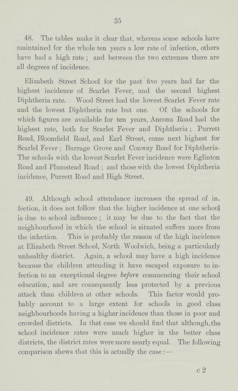 35 48. Tlie tables make it clear that, whereas some schools have maintained for the whole ten years a low rate of infection, others have had a high rate; and between the two extremes there are all degrees of incidence. Elizabeth Street School for the past five years had far the highest incidence of Scarlet Fever, and the second highest Diphtheria rate. Wood Street had the lowest Scarlet Fever rate and the lowest Diphtheria rate but one. Of the schools for which figures are available for ten years, Ancona Road had the highest rate, both for Scarlet Fever and Diphtheria; Purrett Road, Bloomfield Road, and Earl Street, come next highest for Scarlel Fever; Burrage Grove and Conway Road for Diphtheria The schools with the lowest Scarlet Fever incidence were Eglinton Road and Plumstead Road ; and those with the lowest Diphtheria incidence, Purrett Road and High Street. 49. Although school attendance increases the spread of in fection, it does not follow that the higher incidence at one school is due to school influence ; it may be due to the fact that the neighbourhood in which the school is situated suffers more from the infection. This is probably the reason of the high incidence at Elizabeth Street School, North Woolwich, being a particularly unhealthy district. Again, a school may have a high incidence because the children attending it have escaped exposure to in fection to an exceptional degree before commencing their school education, and are consequently less protected by a previous attack than children at other schools. This factor would pro bably account to a large extent for schools in good class neighbourhoods having a higher incidence than those in poor and crowded districts. In that case we should find that although the school incidence rates were much higher in the better class districts, the district rates were more nearly equal. The following comparison shews that this is actually the case :— C2