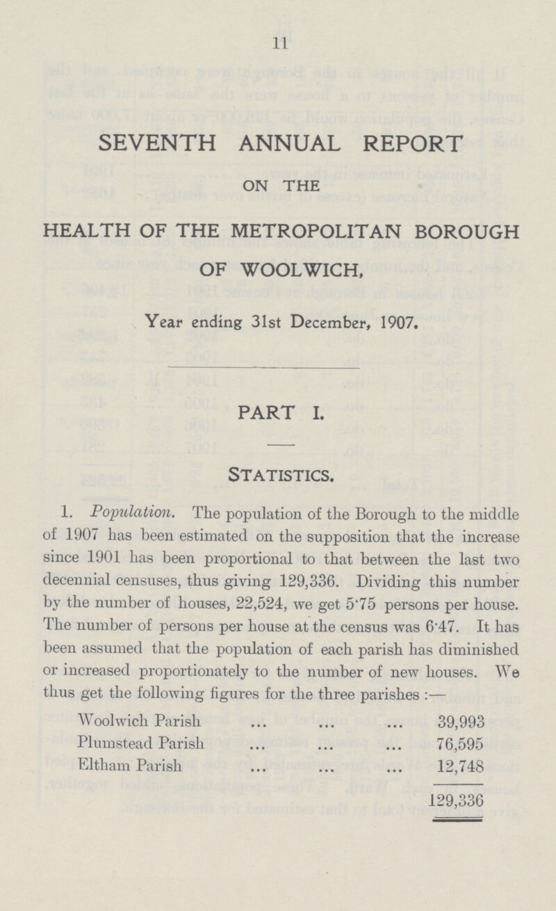 11 SEVENTH ANNUAL REPORT on the HEALTH OF THE METROPOLITAN BOROUGH OF WOOLWICH, Year ending 31st December, 1907. PART I. Statistics. 1. Population. The population of the Borough to the middle of 1907 has been estimated on the supposition that the increase since 1901 has been proportional to that between the last two decennial censuses, thus giving 129,336. Dividing this number by the number of houses, 22,524, we get 5.75 persons per house. The number of persons per house at the census was 6'47. It has been assumed that the population of each parish has diminished or increased proportionately to the number of new houses. We thus get the following figures for the three parishes:— Woolwich Parish 39,993 Plumstead Parish 76,595 Eltham Parish 12,748 129,336