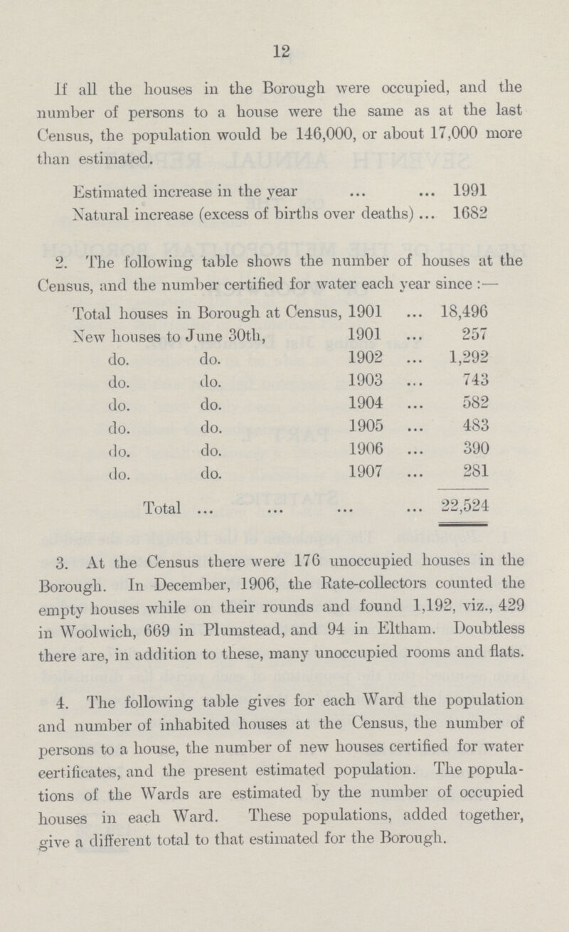 12 If all the houses in the Borough were occupied, and the number of persons to a house were the same as at the last Census, the population would be 146,000, or about 17,000 more than estimated. Estimated increase in the year 1991 Natural increase (excess of births over deaths) 1682 2. The following table shows the number of houses at the Census, and the number certified for water each year since:— Total houses in Borough at Census, 1901 18,496 New houses to June 30th, 1901 257 do. do. 1902 1,292 do. do. 1903 743 do. do. 1904 582 do. do. 1905 483 do. do. 1906 390 do. do. 1907 281 Total 22,524 3. At the Census there were 176 unoccupied houses in the Borough. In December, 1906, the Rate-collectors counted the empty houses while on their rounds and found 1,192, viz., 429 in Woolwich, 669 in Plumstead, and 94 in Eltham. Doubtless there are, in addition to these, many unoccupied rooms and flats. 4. The following table gives for each Ward the population and number of inhabited houses at the Census, the number of persons to a house, the number of new houses certified for water certificates, and the present estimated population. The popula tions of the Wards are estimated by the number of occupied houses in each Ward. There populations, added together, give a different total to that estimated for the Borough. give a different total to that estimated for the Borough.