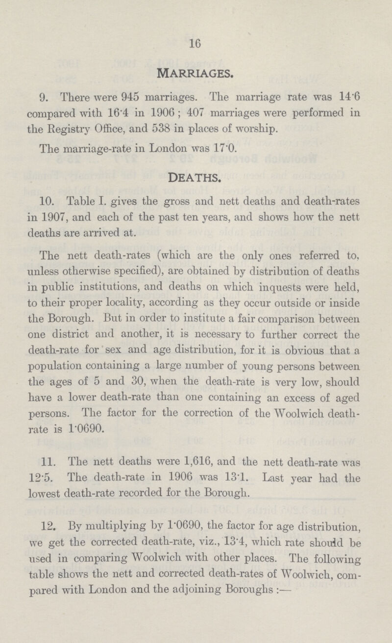 16 Marriages. 9. There were 945 marriages. The marriage rate was 14.6 compared with 16.4 in 1906; 407 marriages were performed in the Registry Office, and 538 in places of worship. The marriage-rate in London was 17.0. deaths. 10. Table I. gives the gross and nett deaths and death-rates in 1907, and each of the past ten years, and shows how the nett deaths are arrived at. The nett death-rates (which are the only ones referred to, unless otherwise specified), are obtained by distribution of deaths in public institutions, and deaths on which inquests were held, to their proper locality, according as they occur outside or inside the Borough. But in order to institute a fair comparison between one district and another, it is necessary to further correct the death-rate for sex and age distribution, for it is obvious that a population containing a large number of young persons between the ages of 5 and 30, when the death-rate is very low, should have a lower death-rate than one containing an excess of aged persons. The factor for the correction of the Woolwich death rate is 1.0690. 11. The nett deaths were 1,616, and the nett death-rate was 12.5. The death-rate in 1906 was 13.1. Last year had the lowest death-rate recorded for the Borough. 12. By multiplying by 1.0690, the factor for age distribution, we get the corrected death-rate, viz., 13 4, which rate should be used in comparing Woolwich with other places. The following table shows the nett and corrected death-rates of Woolwich, com pared with London and the adjoining Boroughs :—